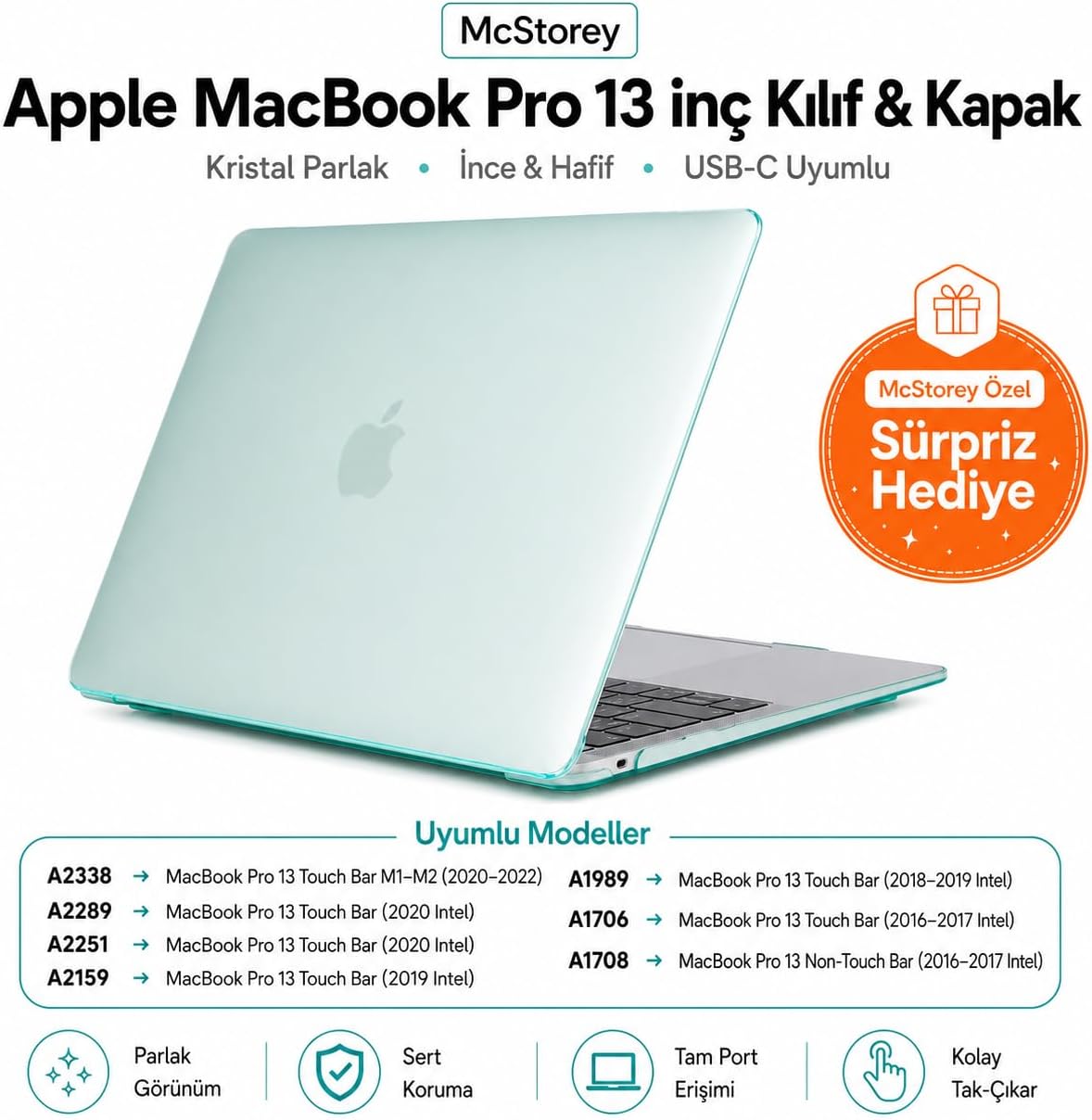 MacBook Pro 13 Kılıf A1706 A1708 A1989 A2159 A2251 A2289 A2338 M1 M2 Uyumlu Kristal Parlak Sert Hard Case İnce Hafif Koruyucu Kapak