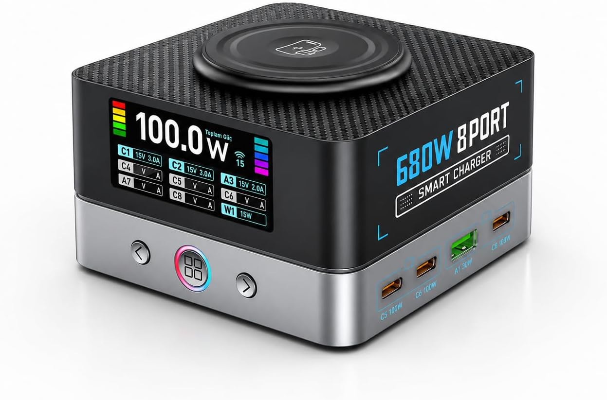 WLX-R8A 680W GaN PD 3.1 Hızlı Şarj İstasyonu 8 Port USB-C Laptop MacBook Telefon Tablet Kablosuz Şarj Cihazı