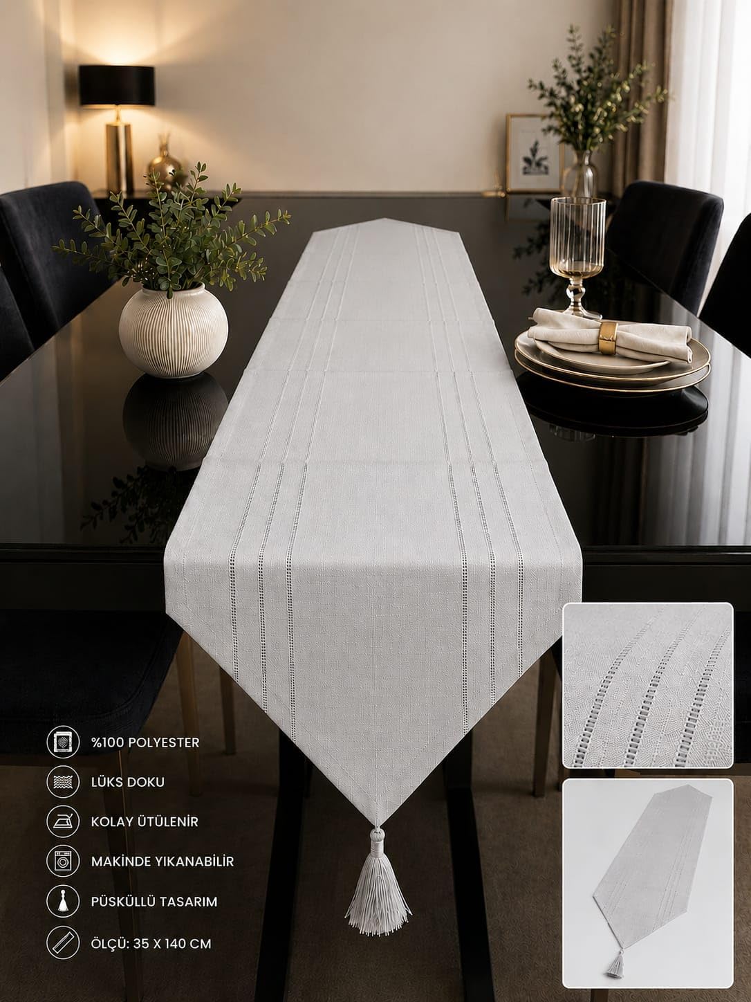 Runner leke tutmaz dertsiz kumaş dekoratif çeyiz gri 35x140