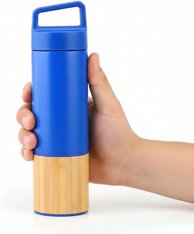 600 ml Bambu Tabanlı Kulplu Çelik Termos Mug - 5 Renk Seçenekli Sıcak/Soğuk Tutucu Seyahat Bardağı (MAVİ)