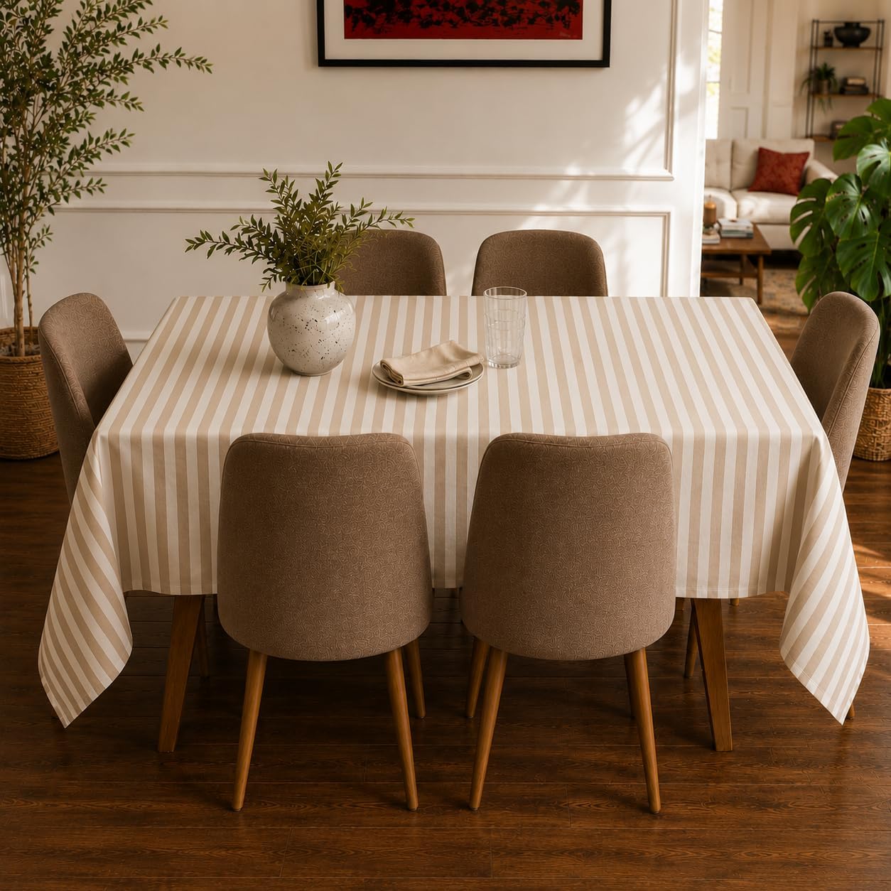Linea Leke Tutmaz Masa Örtüsü, Su İtici ve Silinebilir, İç ve Dış Mekan, Yıkanabilir, Kırışmaz, Keten Görünümlü, Bej İnce Çizgili, 170x350 cm (10-12 Kişilik)