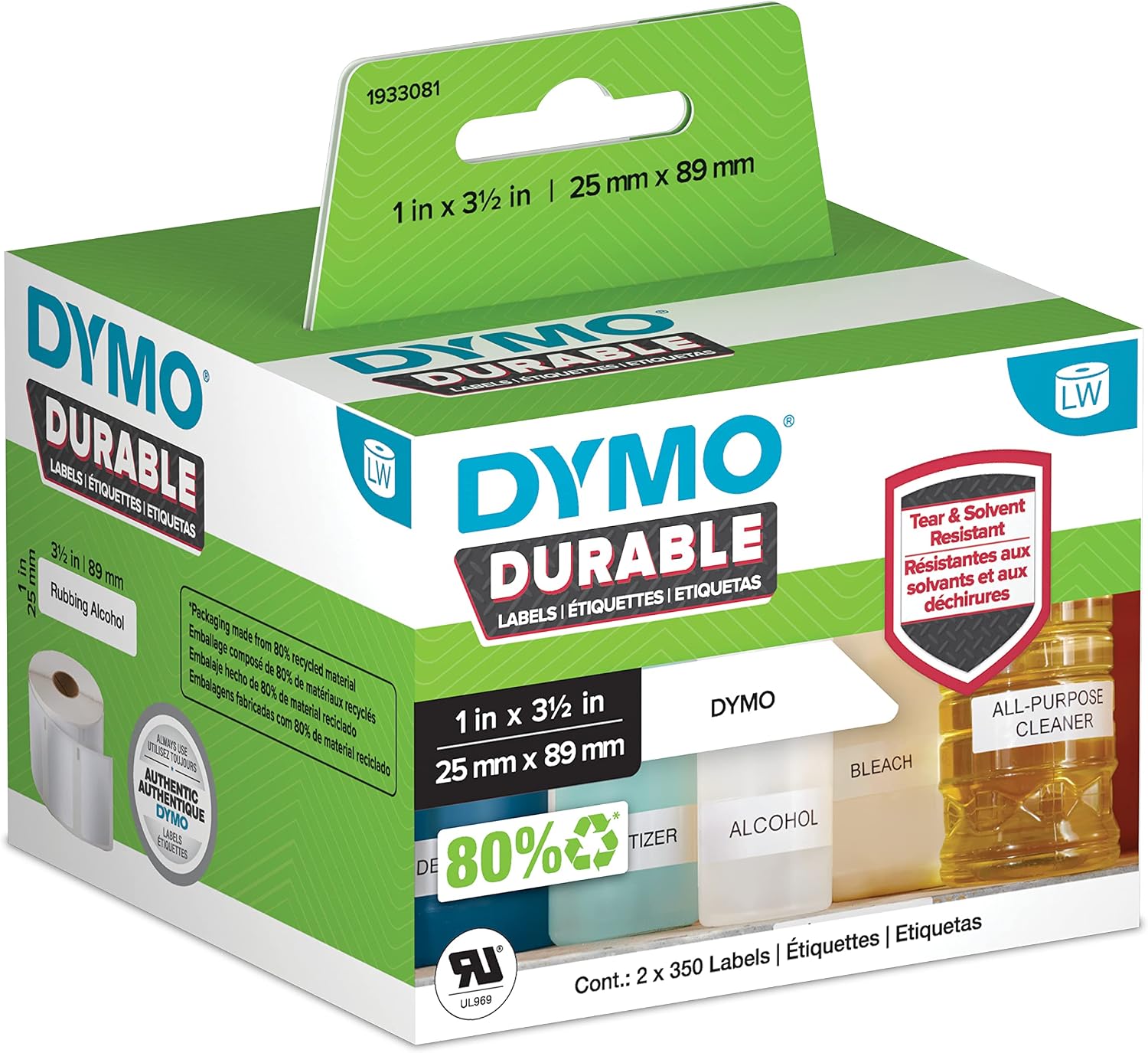 1933081 LW Durable-Etiketten LabelWriter-baskı, beyaz polyester 25 x 89 mm