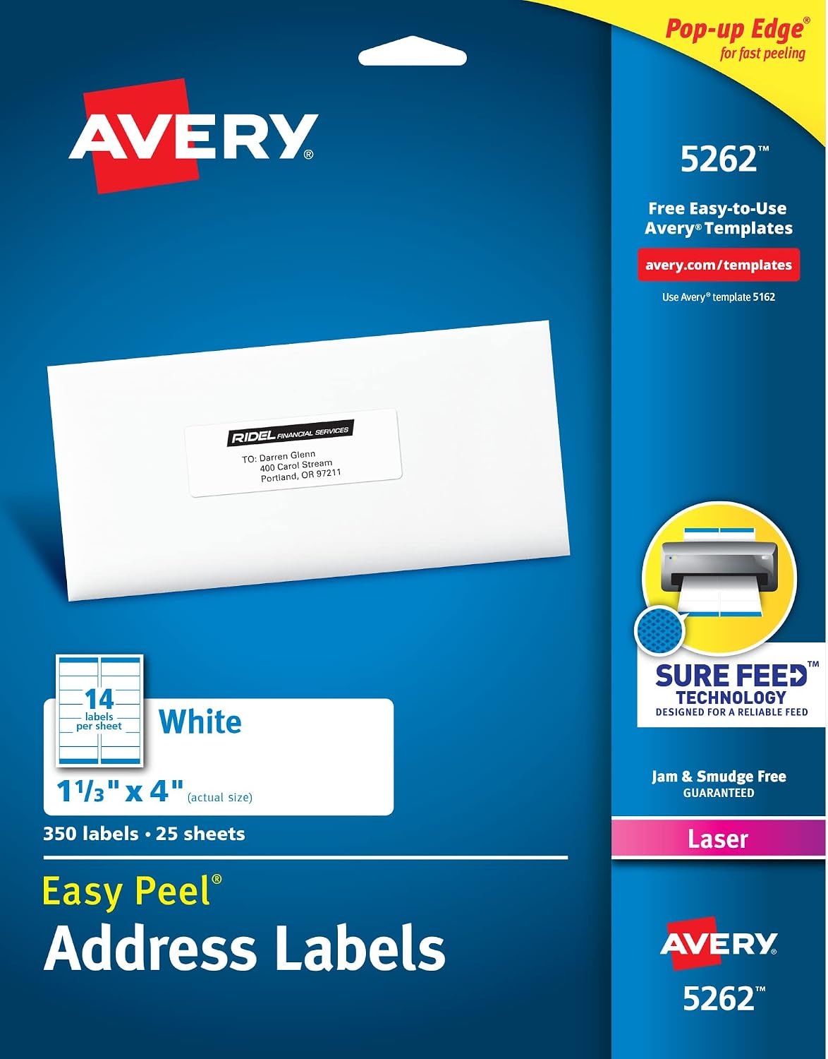 Posta Adresi Etiketleri, Lazer Yazıcılar, 350 Etiket, 1-1/3 x 4, Kalıcı Yapıştırıcı, 5 Paket (5262)
