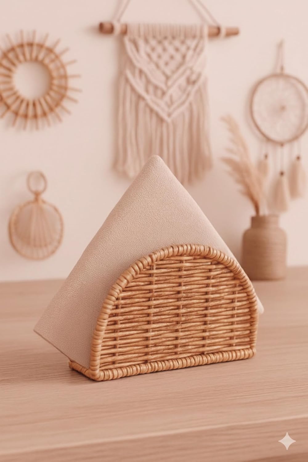 Boho El Yapımı Rattan Peçetelik - Masa Üstü ve Mutfak için Doğal Hasır Peçete Tutucu, Bohem Ev Dekoru, Yarım Ay Tasarım Dikey Peçete Standı