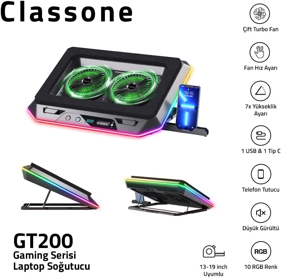 Classone Gaming GT200 Laptop Soğutucu Notebook Stand, 3000 RPM,10 RGB ışık kontrolü, 15.6-17 inch, Hız kontrolü, 2 Büyük fan,Telefon standı, 1 TYPE-C Usb,1 USB