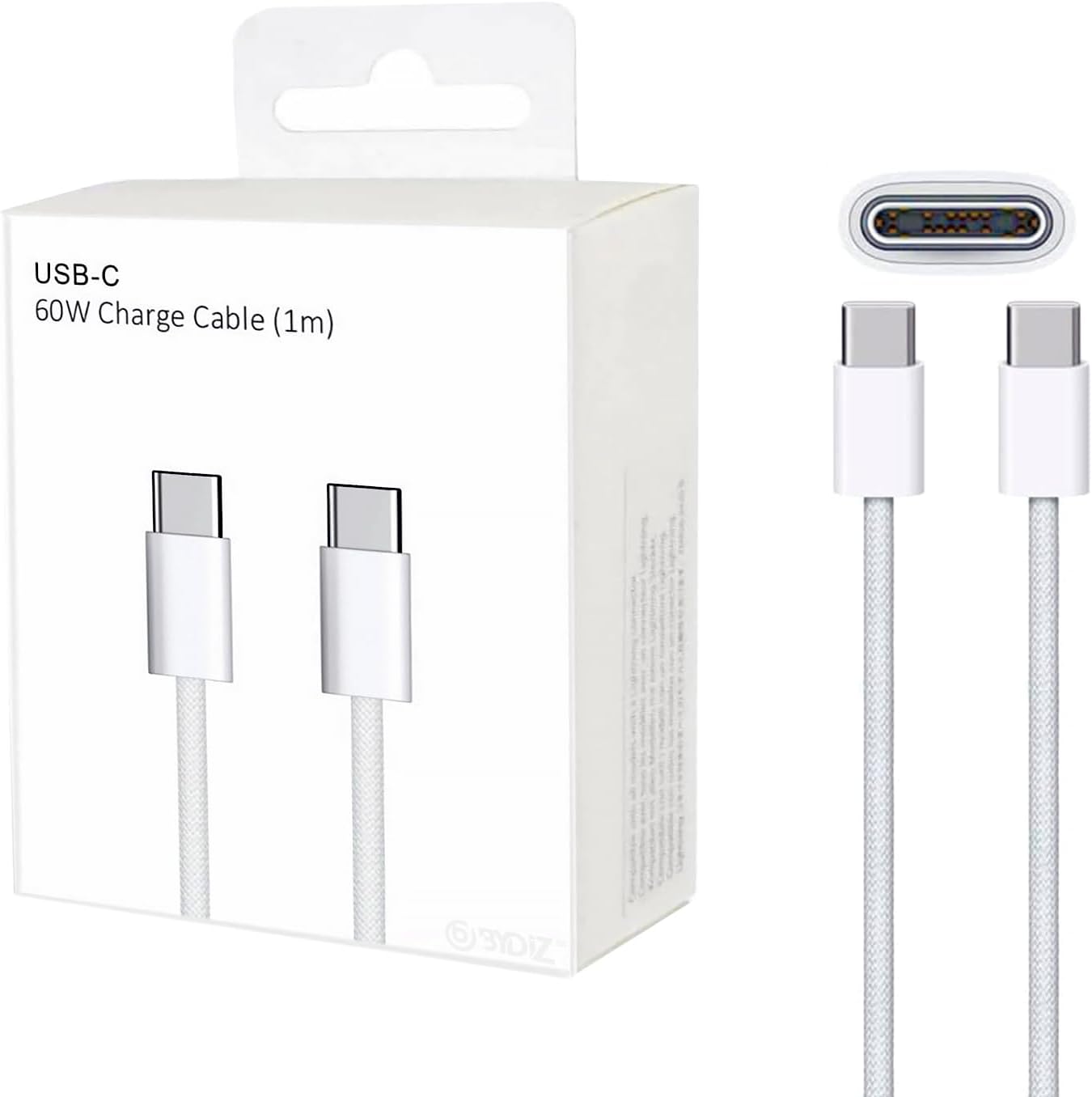 USB-C to USB-C Hızlı Şarj Kablosu Type-C 60W PD, 1m Örgülü Şarj Kablosu; iPhone 15 16 17 Pro Max, Samsung S24 S23 Ultra, iPad Pro ve USB-C Cihazlarla Uyumlu - Bydiz