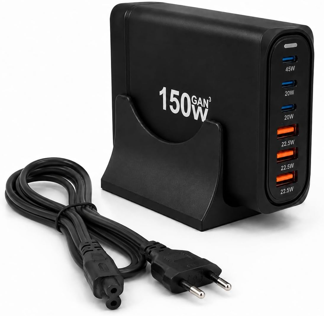 150W GaN Hızlı Şarj İstasyonu, 6 Portlu Masaüstü Şarj Aleti, 3 USB-C Type-C ve 3 USB-A Girişli Çoklu Adaptör, Telefon Tablet Laptop İçin Akıllı Güç Dağıtımlı Şarj Cihazı