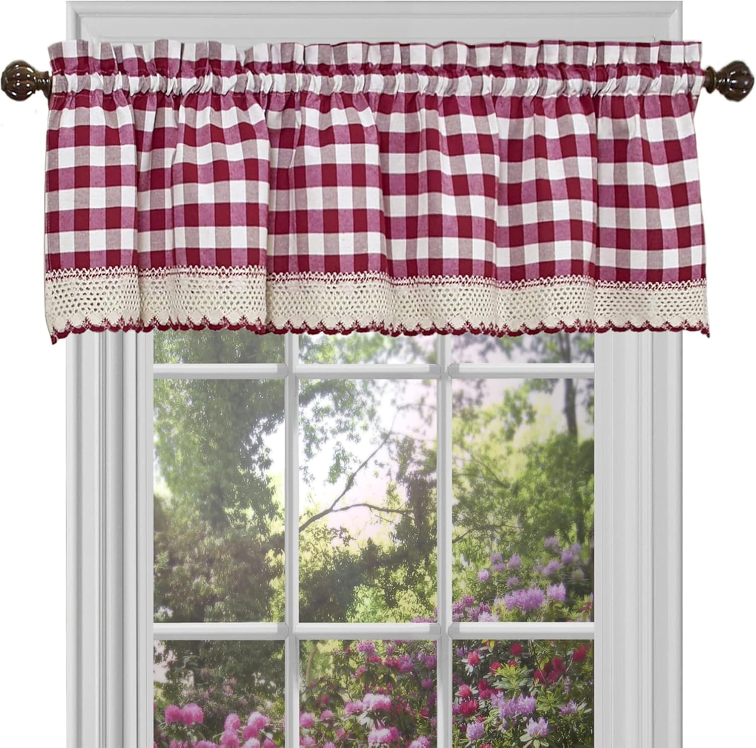 Home Furnishings Valance Buffalo Check Window Curtain, 58" x 14", Burgundy & Fildişi