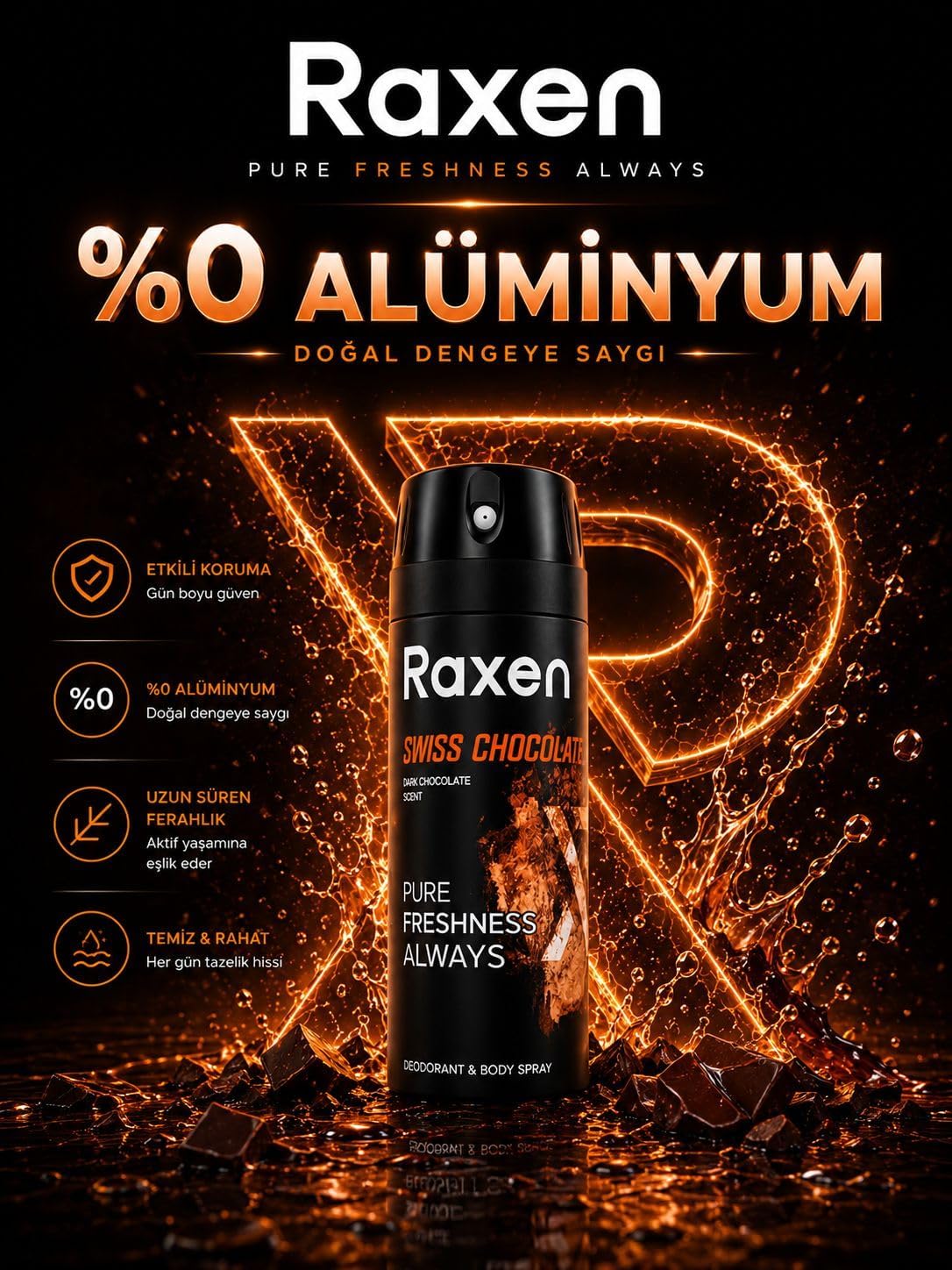 Erkek Deodorant Spreyi - Swiss Chocolate Serisi - 150ml - Etkili Ter Kokusu Önleyici - Alüminyumsuz ve Leke Bırakmayan Formül - Gün Boyu Ferahlık Veren Erkek Vücut Spreyi