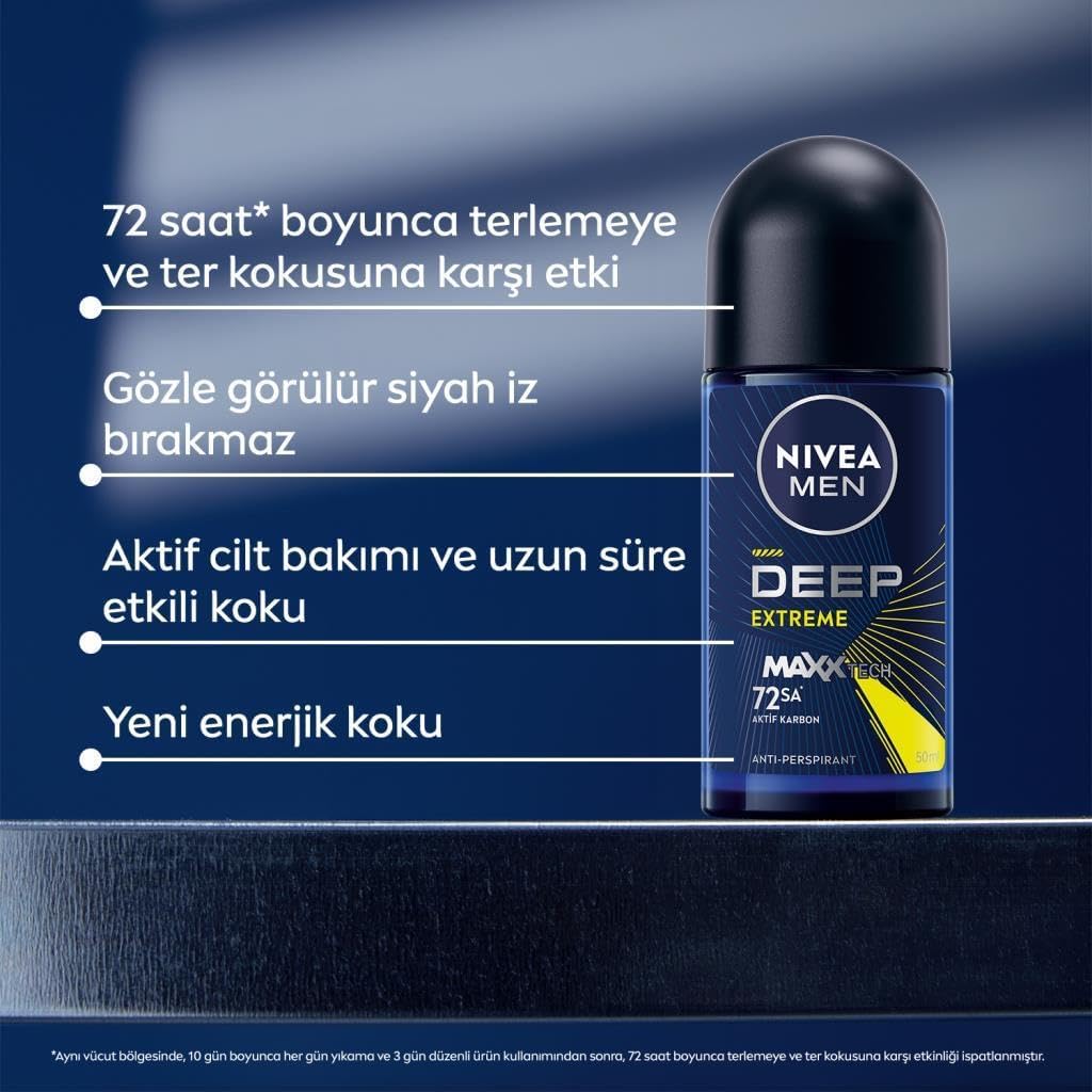 MEN Erkek Roll-on Deodorant Deep Extreme 50ml, 72 Saat Anti-perspirant Ter Koruma, Yeni Enerji