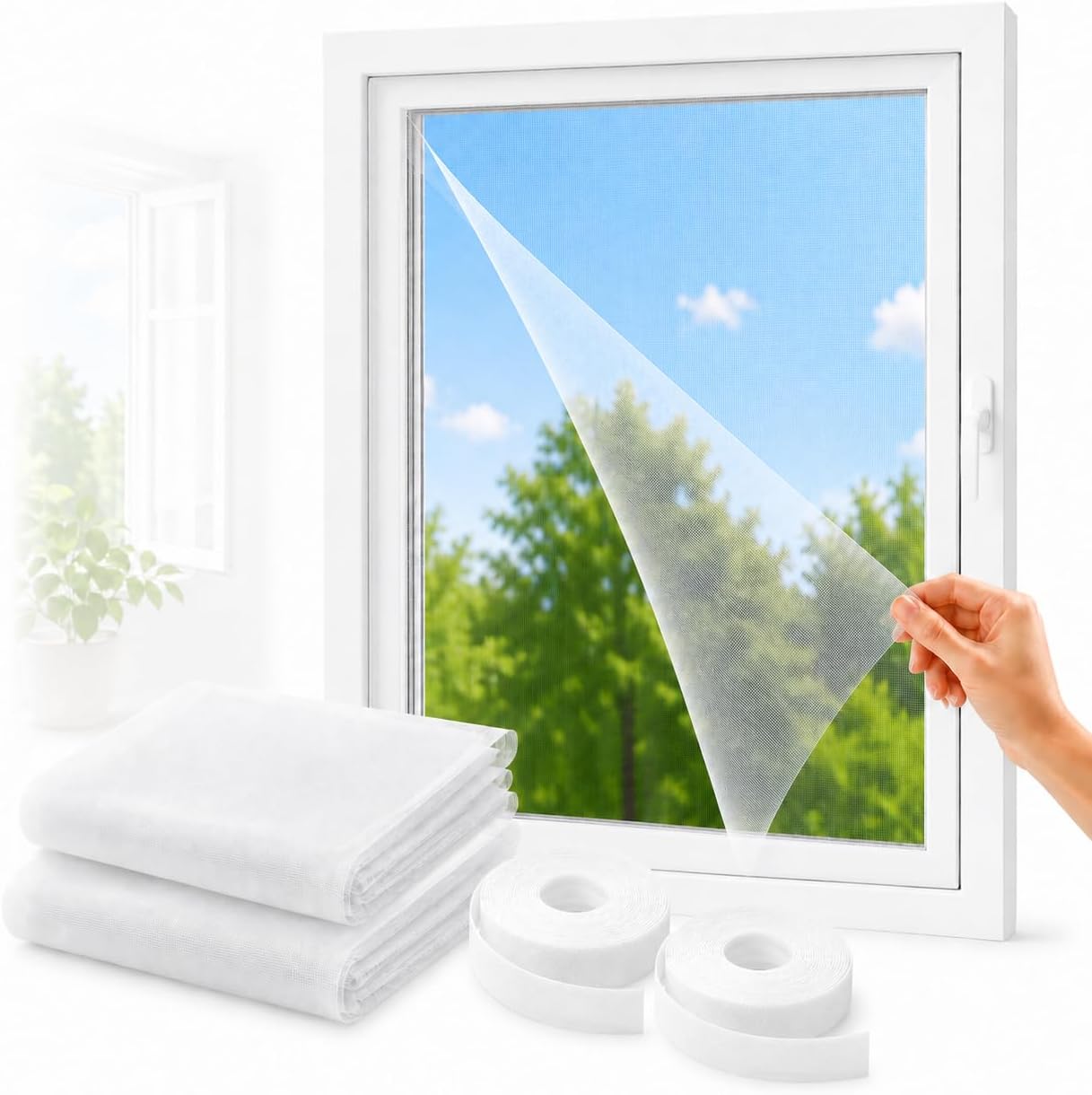 SOGUD Kayra 2’li Set Pencere Sinekliği 130x150 cm - Yapışkanlı Cırtlı Sineklik Tülü - Yıkanabilir Tekrar Kullanılabilir Kesilebilir Sinek Perdesi - Geniş Pencere İçin