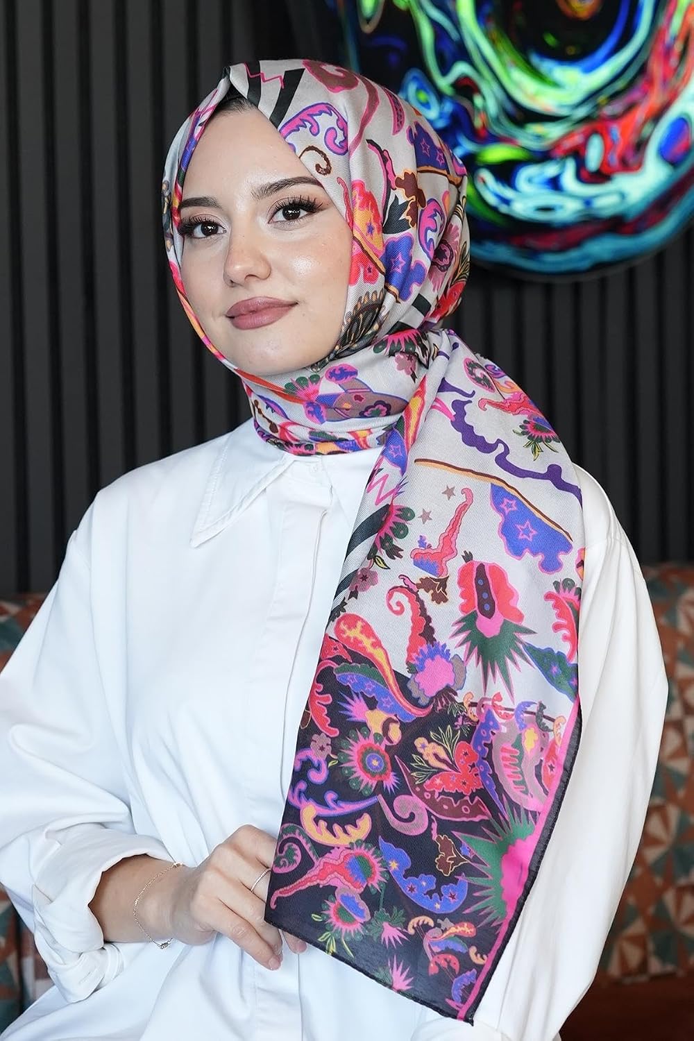 Çiçek Desen Krem Soft Pamuk Şal Violet