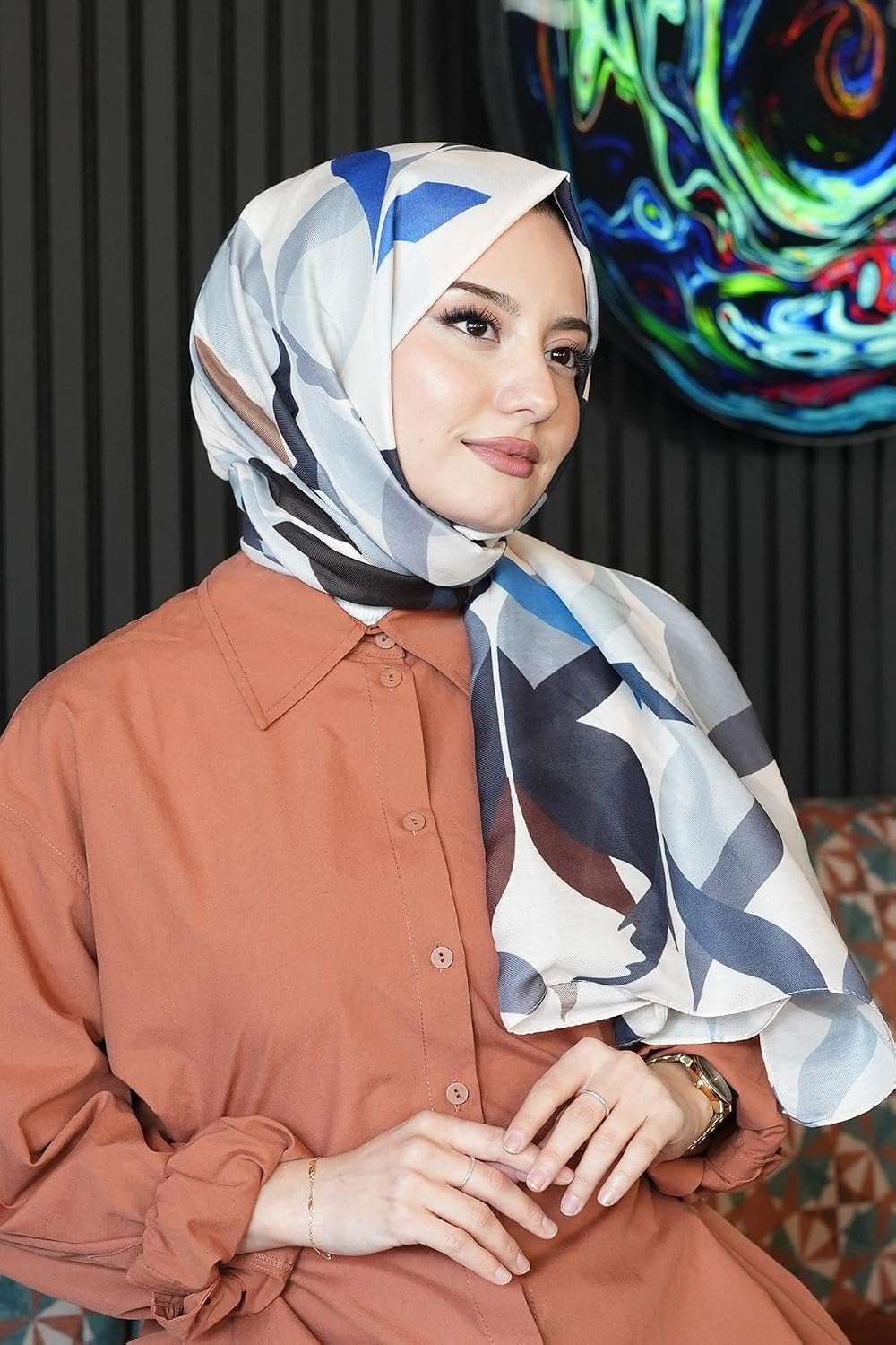 Soyut Desen Bej Soft Pamuk Şal Bej