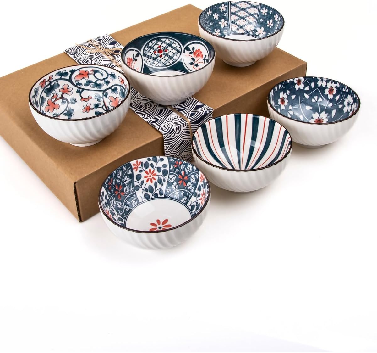 Mukko Home 6'Lı Desenli Porselen Kase Seti 320 Ml, Çorbalık, Kahvaltılık, Atıştırmalık Kase Hediyelik Kutulu,Çok Renkli, FAN06