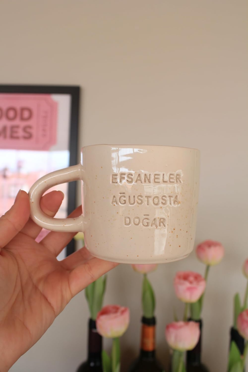 Efsaneler Ağustosta Doğar Seramik Kupa, Bej, Noktacıklı Tasarım, Türkçe Yazılı