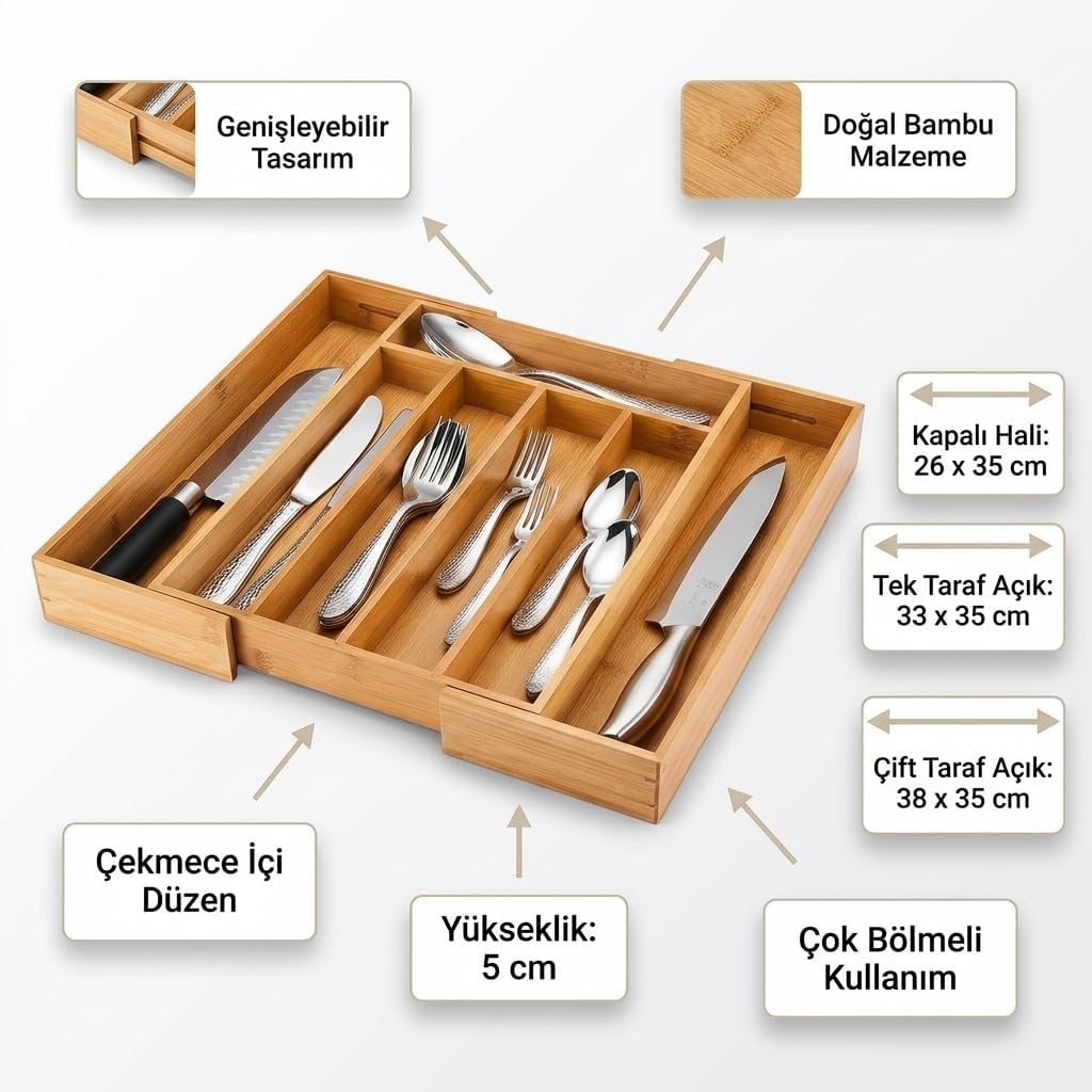 7 Bölmeli Bambu Kaşıklık – Antibakteriyel Çekmece İçi Düzenleyici Organizer | Doğal Ahşap, Şık ve Dayanıklı Tasarım