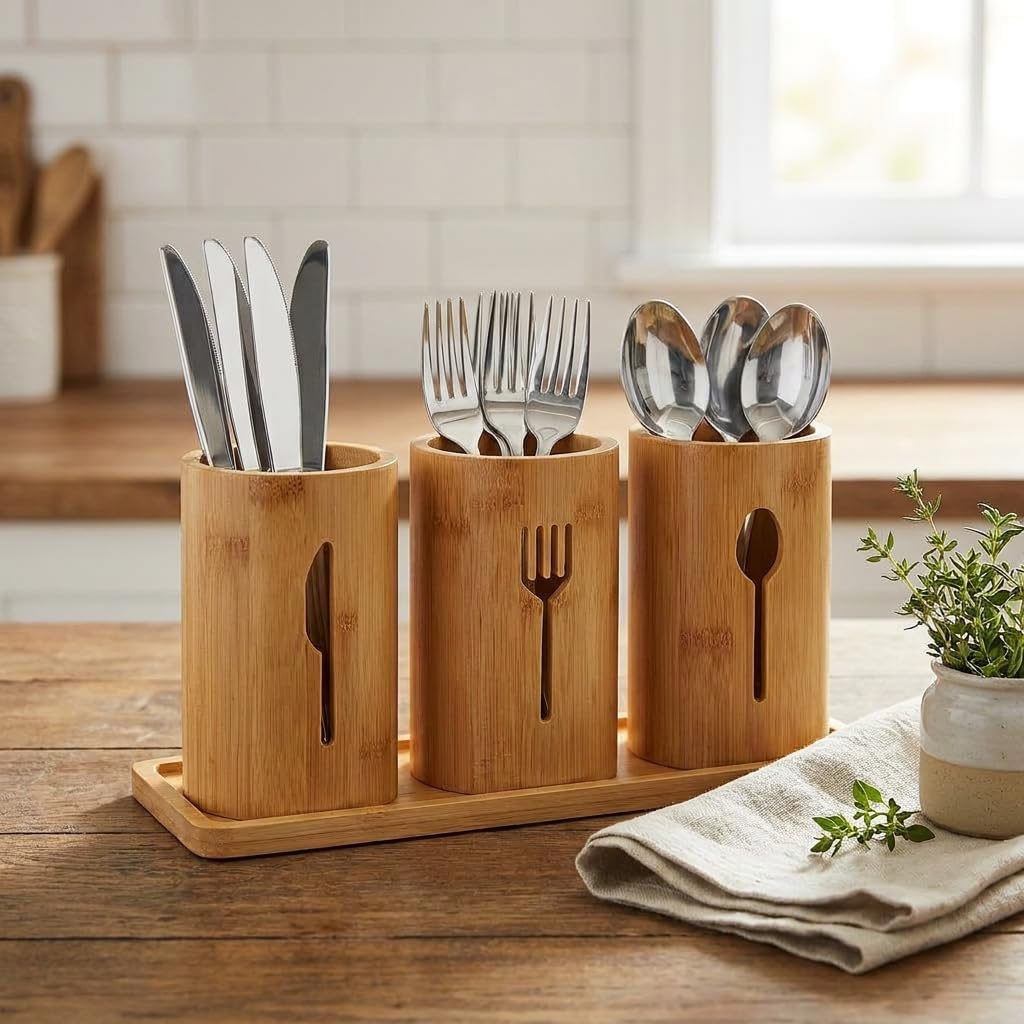 3'lü Doğal Bambu Kaşıklık Seti - Ahşap Standlı Tezgah Üstü Çatal Kaşık Bıçak Düzenleyici Şık Mutfak Organizeri (Stand: 33x13x2 cm/Kaşıklık: 10x12 cm)