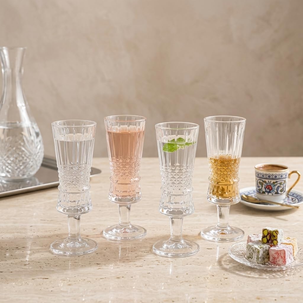4'lü Kristal Kesim Ayaklı Cam Kadeh Seti - 120 ml Türk Kahvesi Yanı Su, Şerbet ve Likör Bardağı, Lüks Sunum Kadehi
