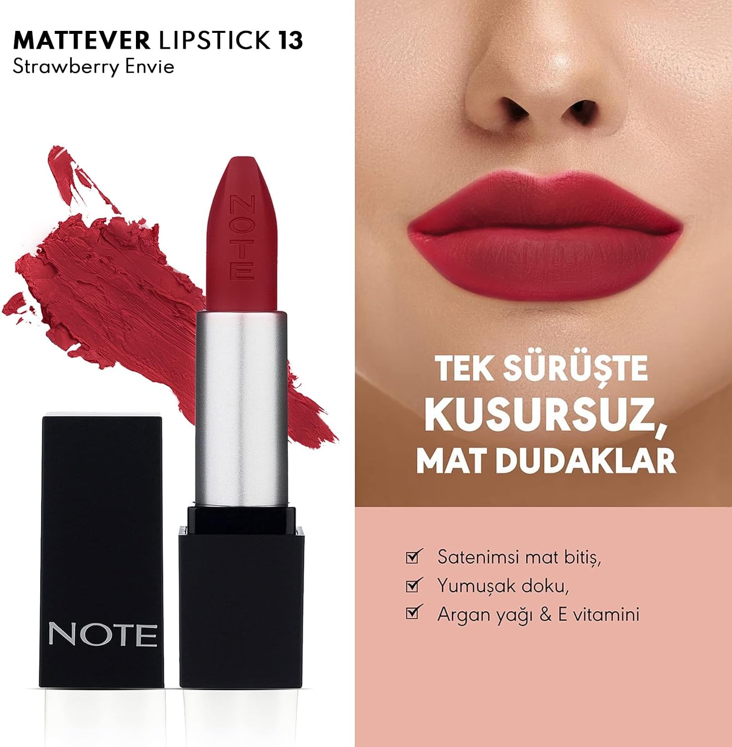 Cosmetics Mattever Lipstick 13 Strawberry Envie Yarı Mat Saten Bitişli Ruj, Pembe