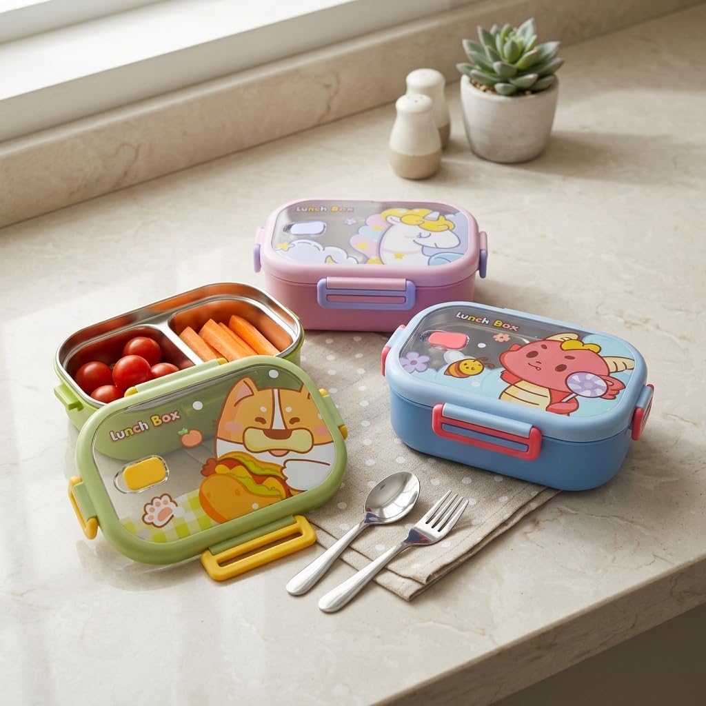 Paslanmaz Çelik 2 Bölmeli Kilitli Yemek Kabı, 850 ml Renkli Desenli Lunch Box, Çelik İç Hazneli Saklama ve Taşıma Kabı