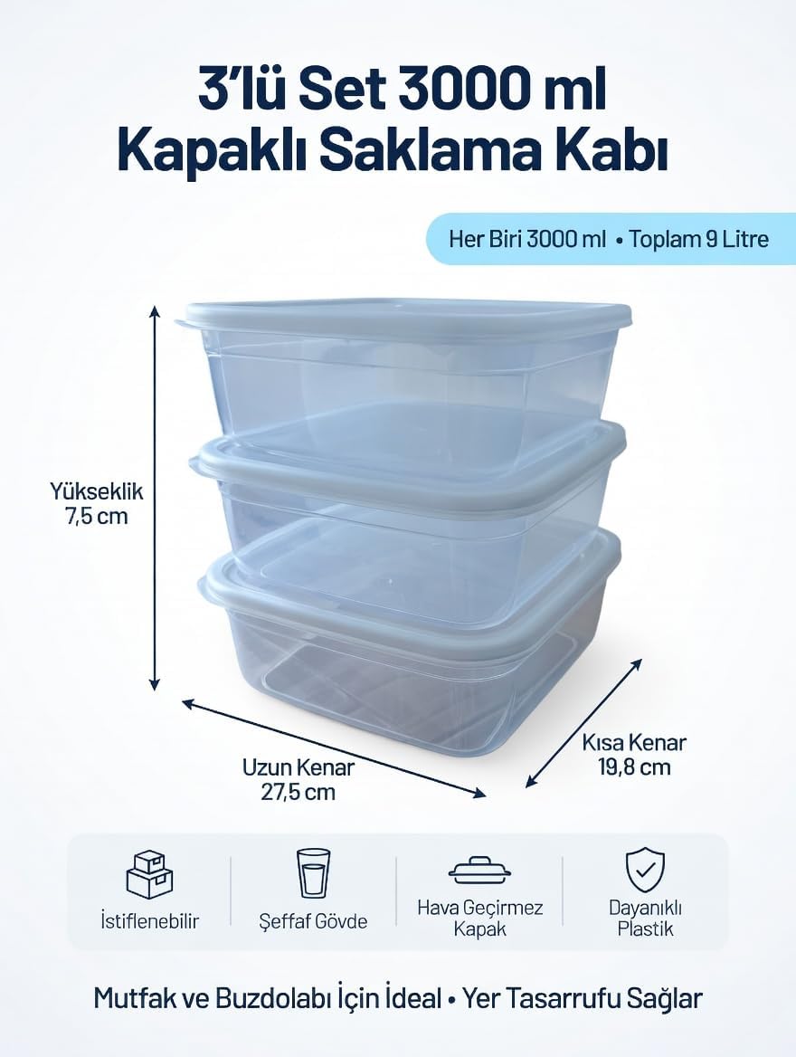 Kapaklı Saklama Kabı 3'lü Set, 3000 ml Her Biri, Şeffaf, BPA İçermez, Hava Geçirmez, İstiflenebilir