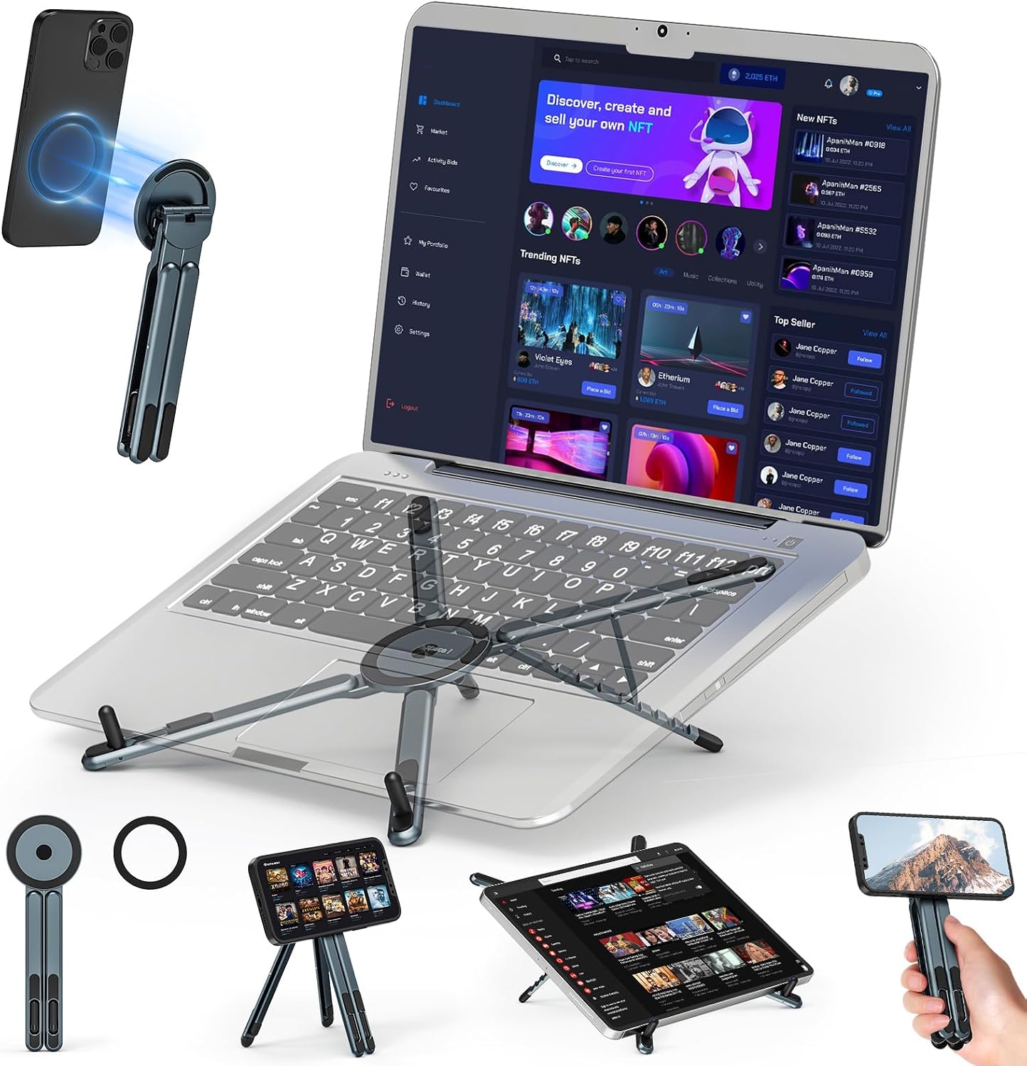 Taşınabilir dizüstü bilgisayar standı seyahat, 3'ü 1 arada masa tableti montaj bilgisayar tutucu manyetik telefon tutucu tripod, 10-15,6 inç dizüstü bilgisayarlar ve 4-13 inç tabletler/telefonlar için