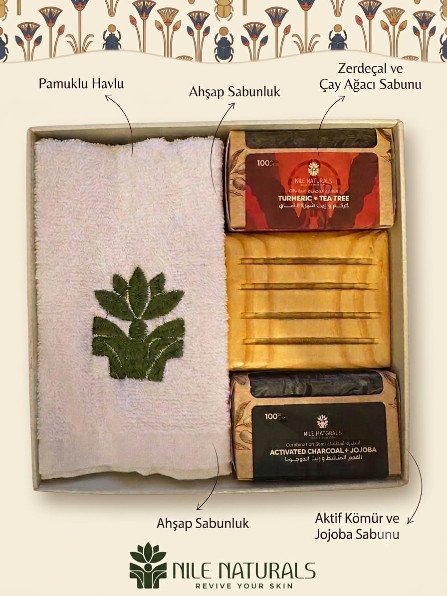 Nile Naturals Dünyaca Ünlü Meşhur Mısır Cilt Bakım Seti – Zerdeçal & Çay Ağacı Sabunu, Aktif Kömür & Jojoba Sabunu, Ahşap Sabunluk ve Pamuklu Havlu Hediye Seti