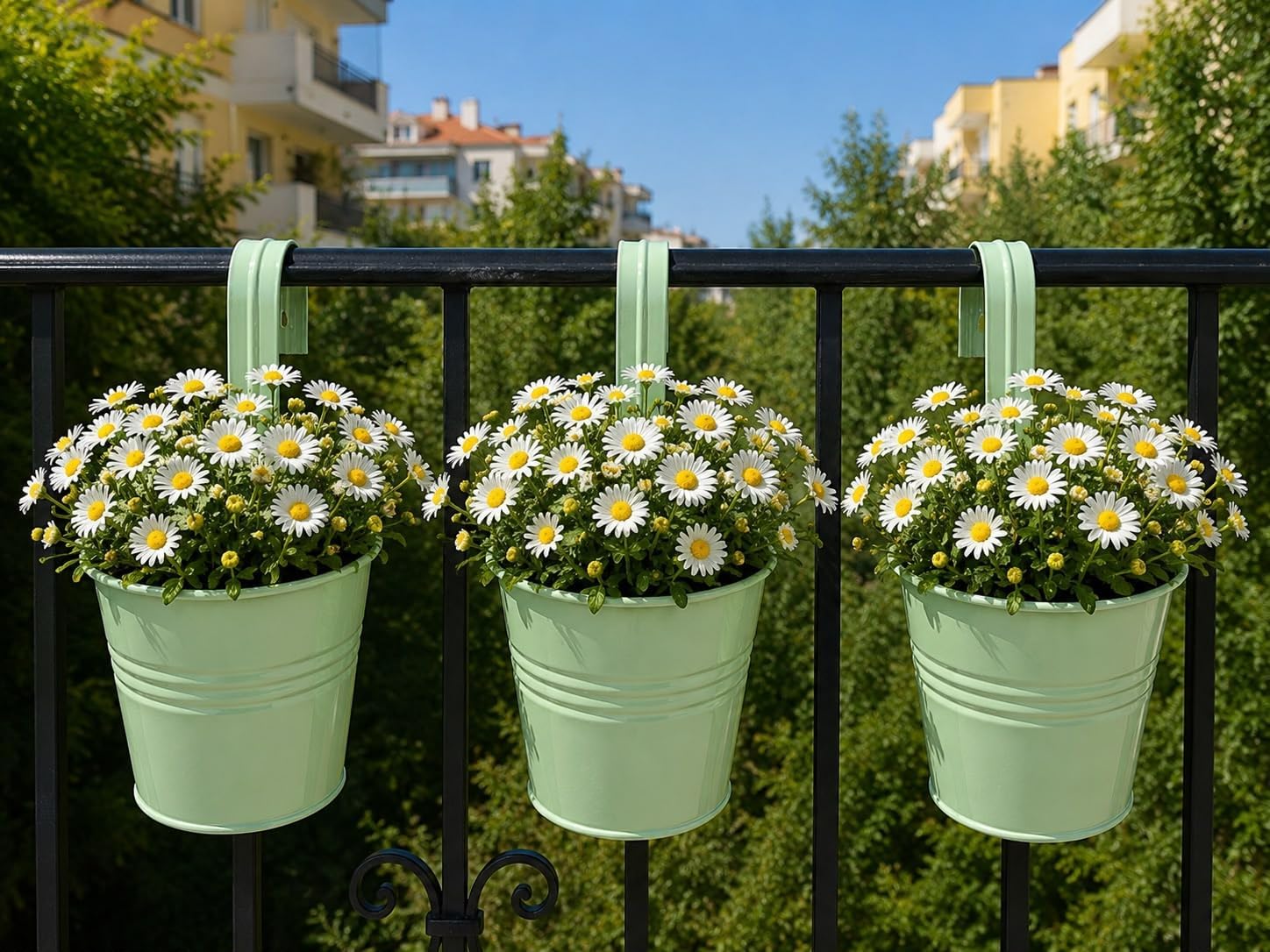 Askılı Balkon Saksı Seti, 3 adet, Metal, Açık Yeşil 1,5lt