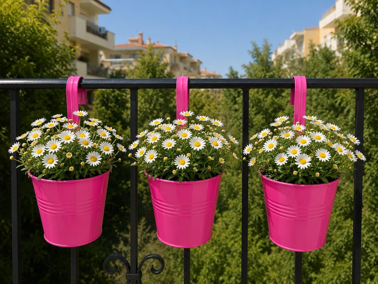 Askılı Balkon Saksı Seti, 3 adet, Metal, Şeker Pembe 1,5lt