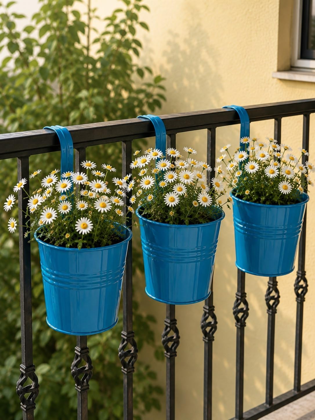Askılı Balkon Saksı Seti, 3 adet, Metal, Turkuaz, 1,5lt