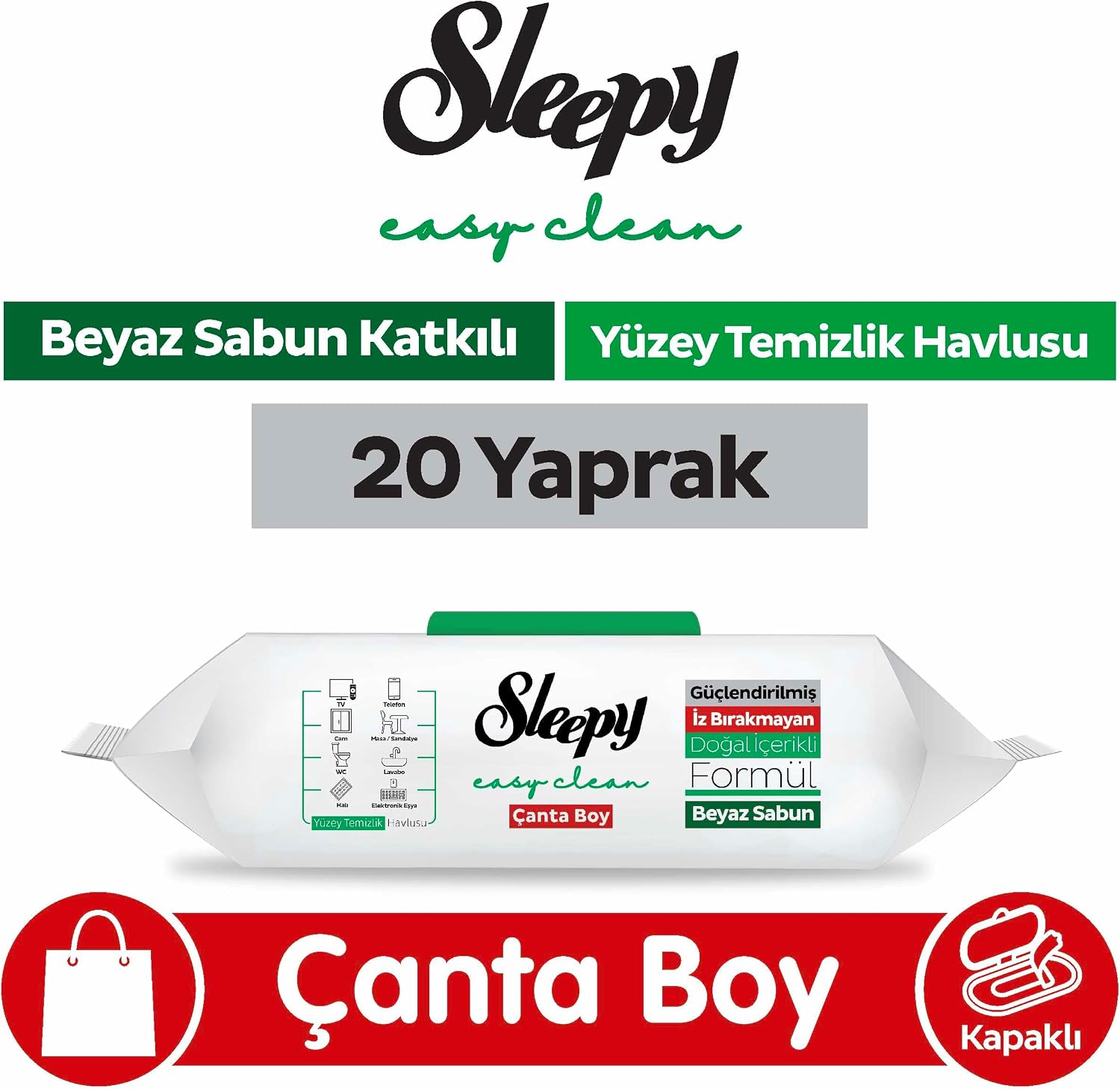 Easy Clean Beyaz Sabun Katkılı Yüzey Temizlik Havlusu Çanta Boy 20 Yaprak