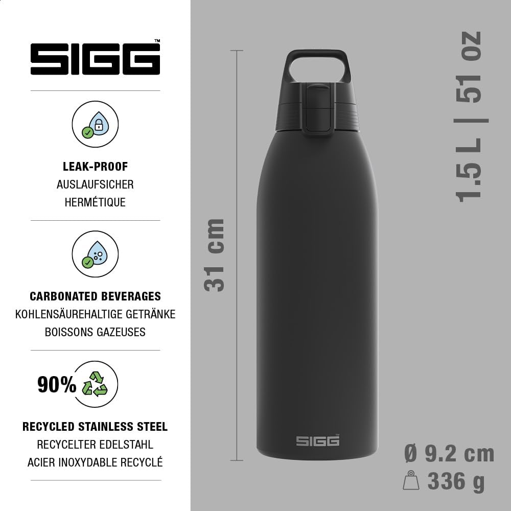 Yalıtımlı içecek şişesi – termos Shield Therm One Black – gazlı içecekler – sızdırmaz – bulaşık makinesinde yıkanabilir – BPA içermez –%90 geri dönüştürülmüş paslanmaz çelik – siyah – 1,5 l