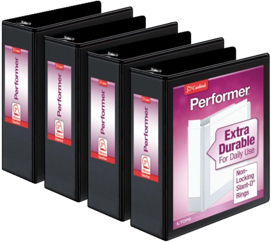 Performer 3 Halkalı Klasör, 7,62 cm, Kilitlenmeyen Eğik D Halkalar, 725 Yaprak Kapasite, ClearVue Sunum, Yapışmaz, PVC İçermez, Siyah, 4'lü Paket (27601)