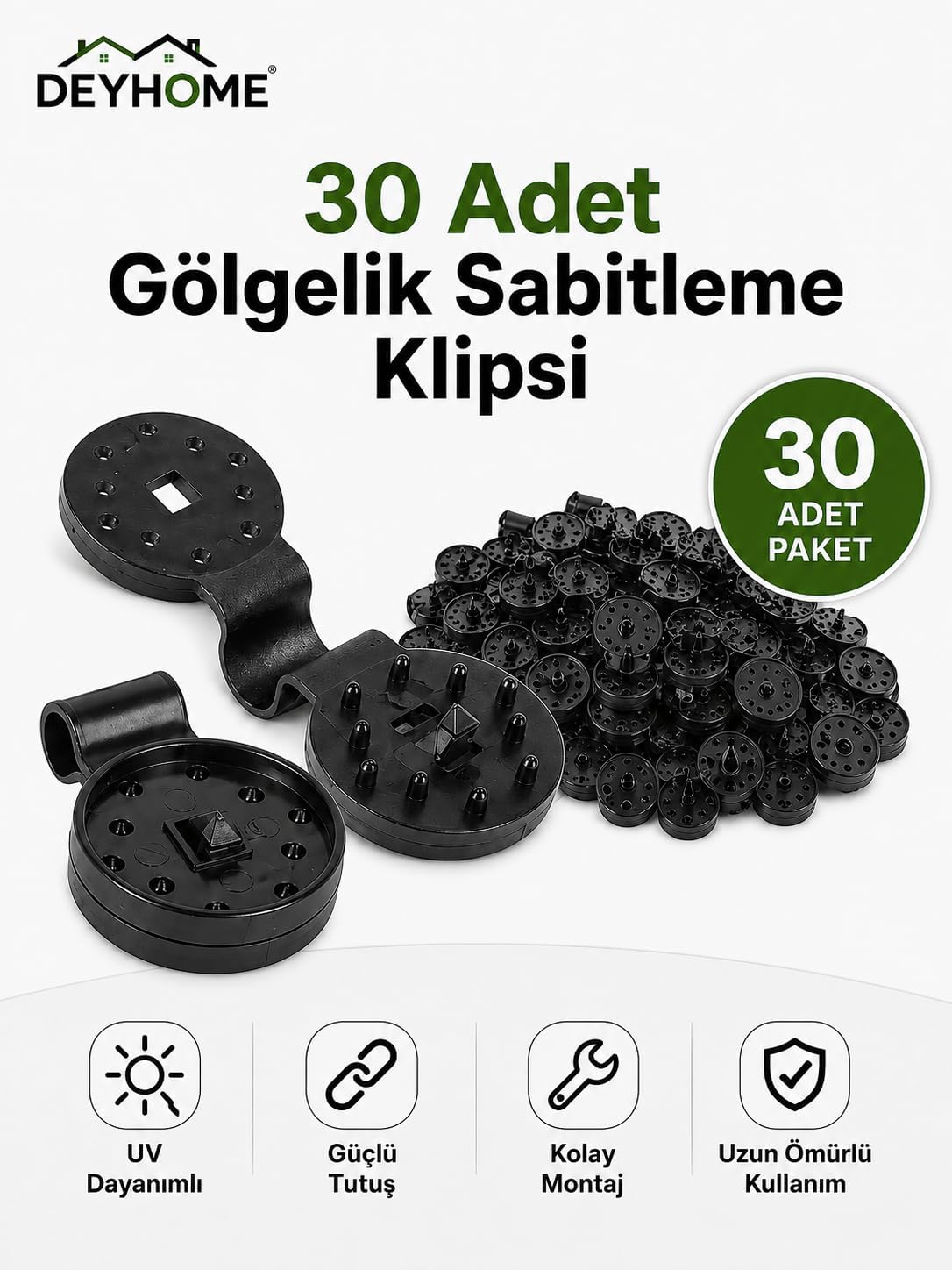 Gölgelik Sabitleme Klipsi UV Dayanımlı – Sera, Bahçe Filesi, Gölgelik Tente ve Tarım Ağı Sabitleyici Klips Siyah (30)