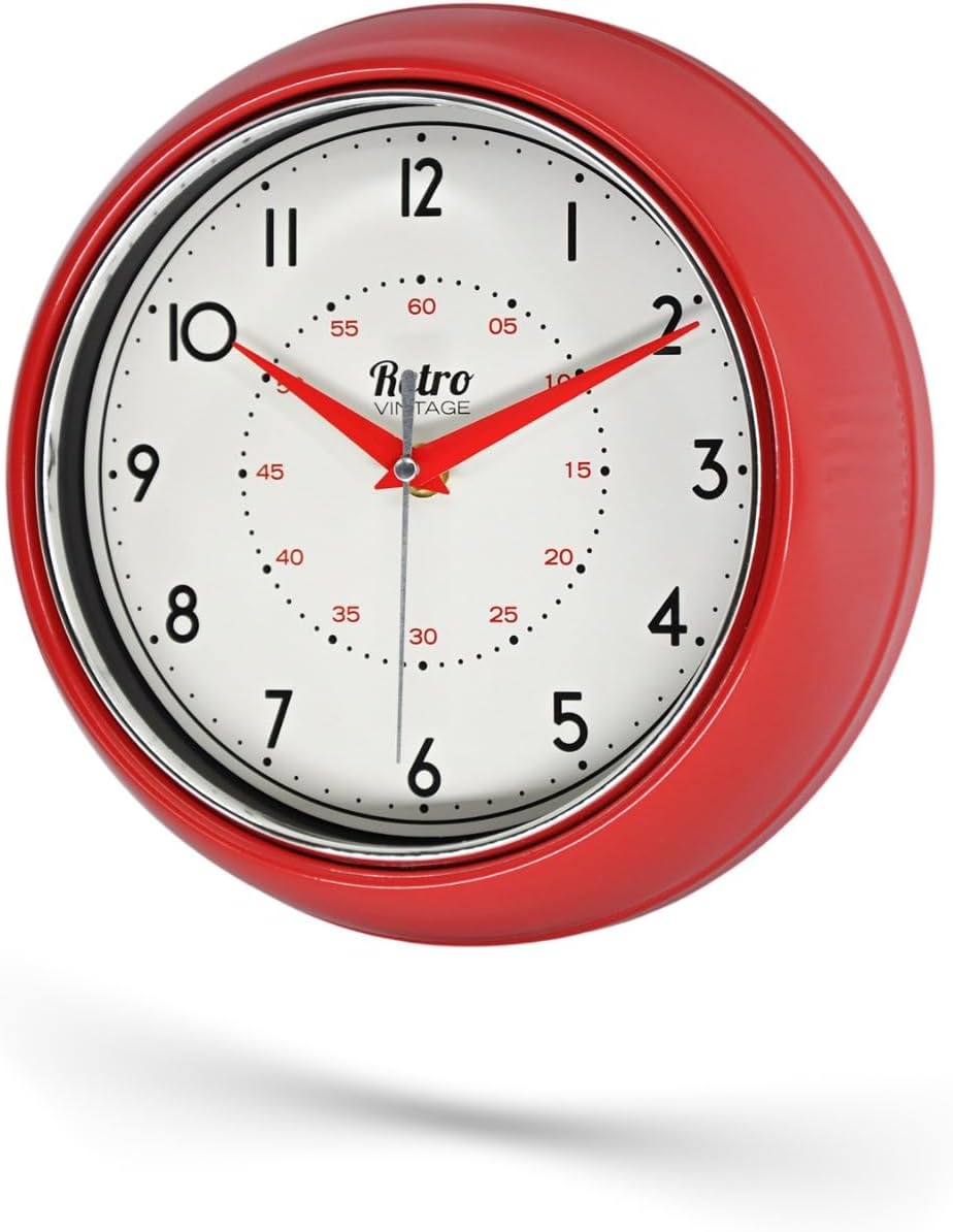 New-Max Premium Serisi Retro Tasarım Metal Kadranlı Bombeli Cam Özellikli 25 cm Ev ve Ofis Saati Kırmızı, 25cm