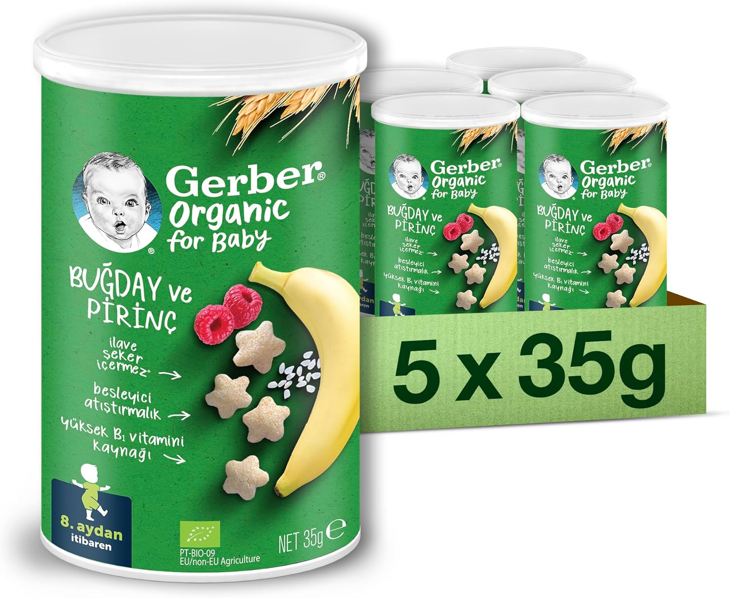 Organik Pirinçli, Buğdaylı, Muzlu ve Ahududulu Bebek Atıştırmalığı 35 g x 5