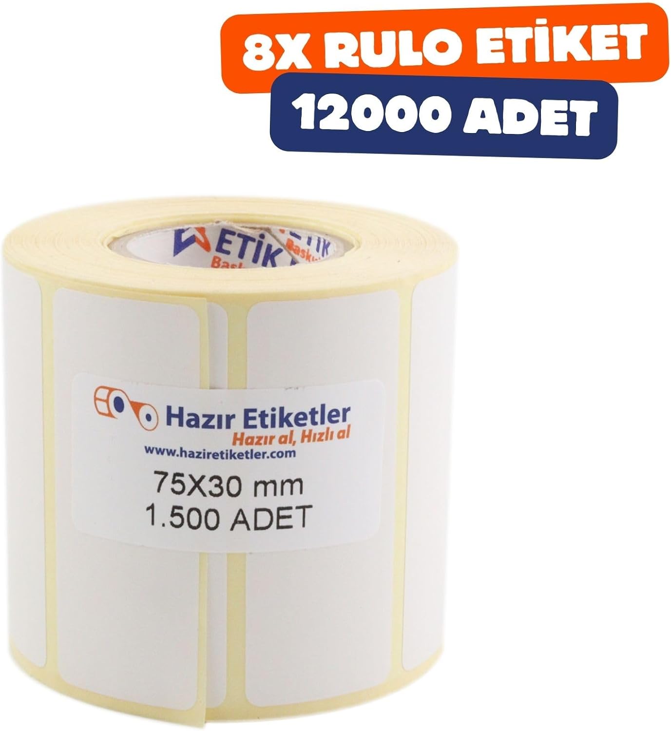 Eko Termal Rulo Etiket, 75mm x 30mm 12000 Adet 8 Rulo 40mm Kuka Çapı Barkod yazıcılar ile uyumludur, Ribon kullanmadan yazdırılabilir.