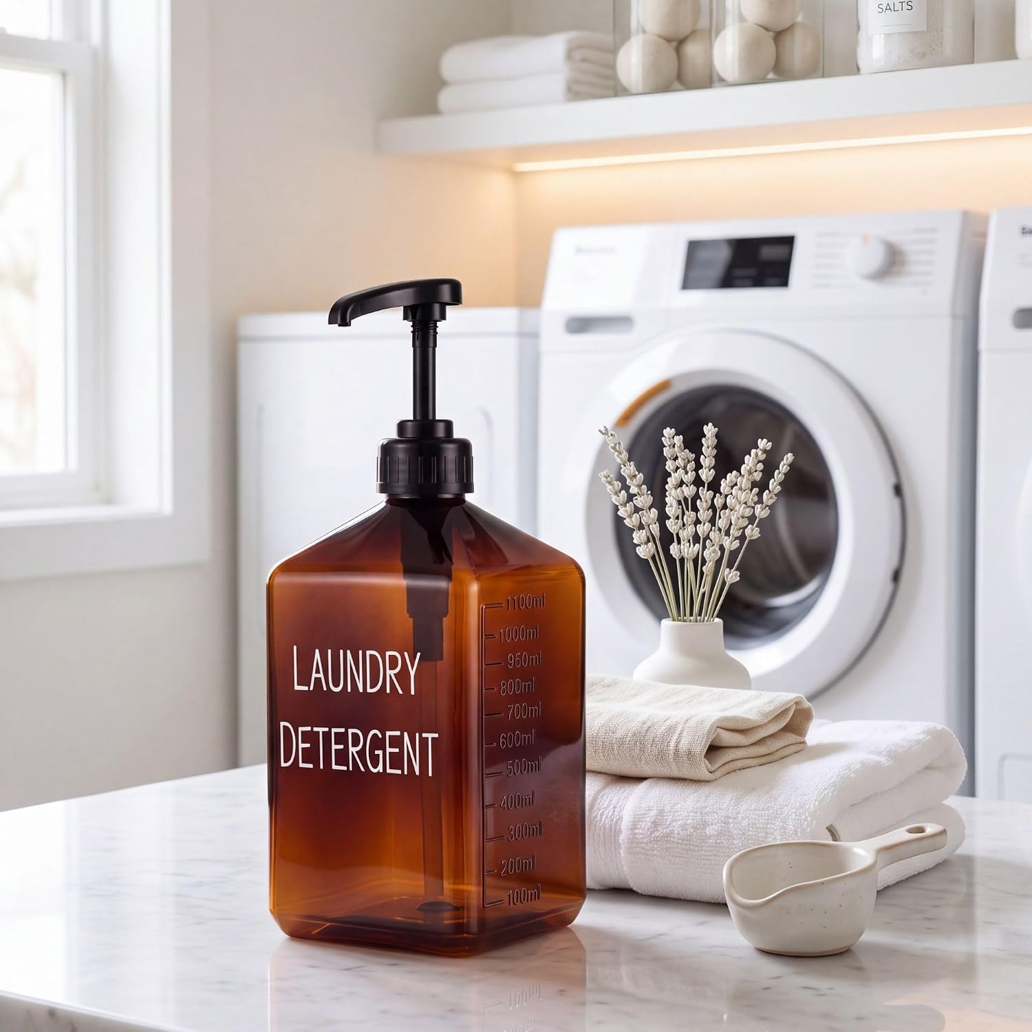 Laundry Detergent Yazılı Cam 1200 ml Pompalı Deterjan Kutusu, Çamaşır Odası ve Banyo Düzenleyici Organizer