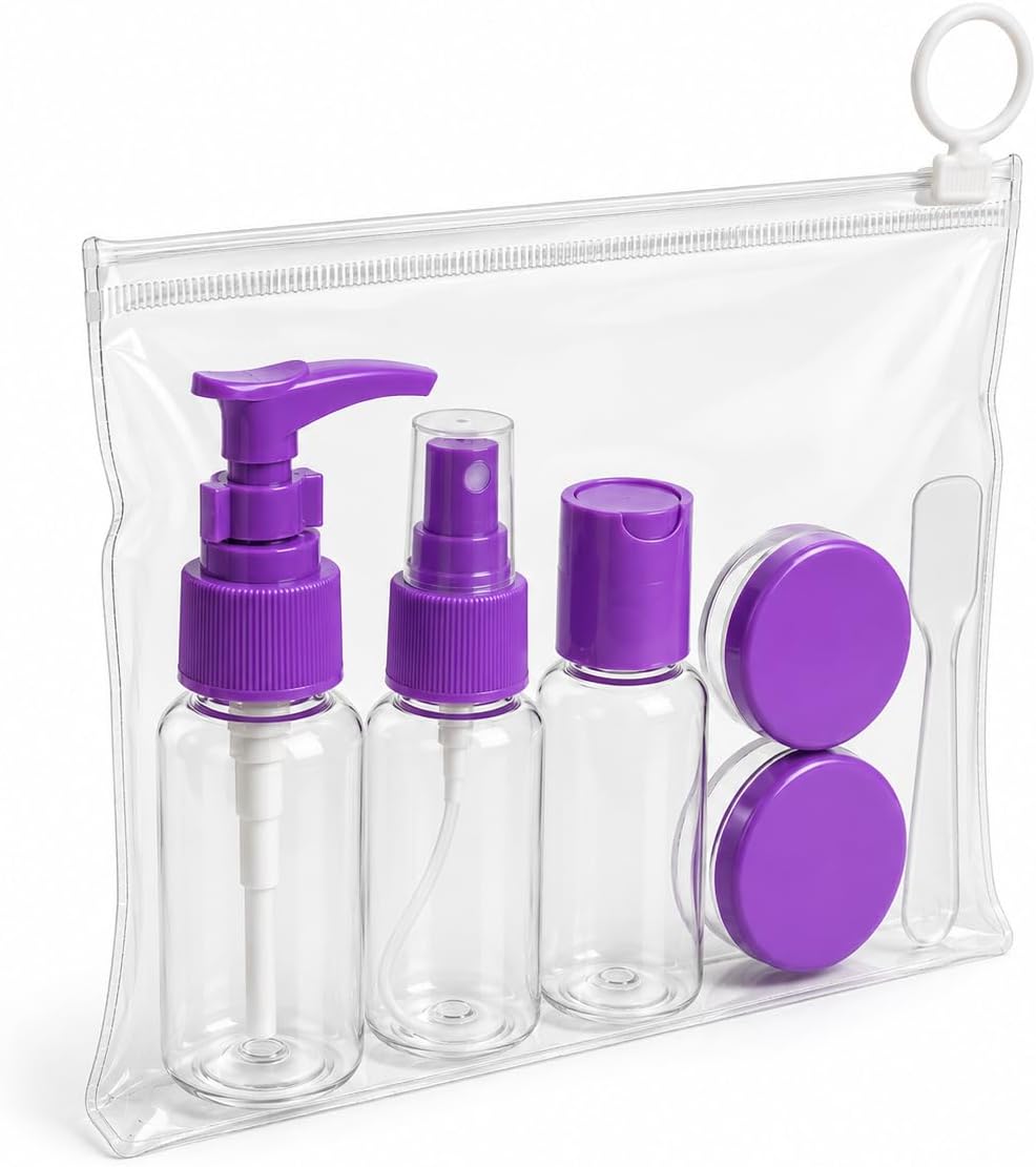 5 Parça Seyahat Şişe Seti, 30 ml Doldurulabilir Şampuan Krem Parfüm Şişeleri, Pompalı Spreyli Kozmetik Şişe ve 10 ml Krem Kavanozu, Taşıma Çantalı Seyahat Dolum Seti (Asorti Renk)