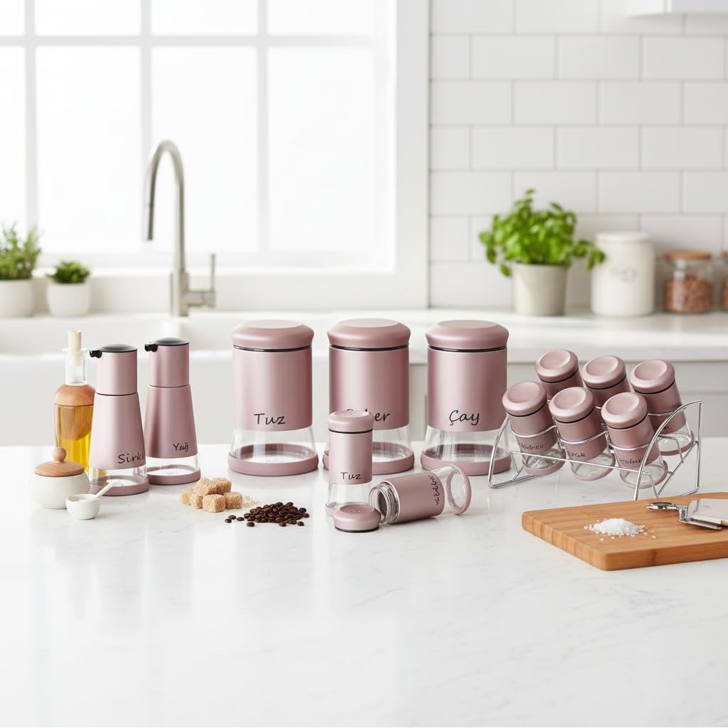 13 Parça Rose Gold Çelik Kapaklı Cam Baharatlık Seti - Stantlı Çeyizlik Baharat Takımı Yağlık Sirkelik Tuzluk ve Dev Erzak Kavanozu Mutfak Düzenleyici Organizer