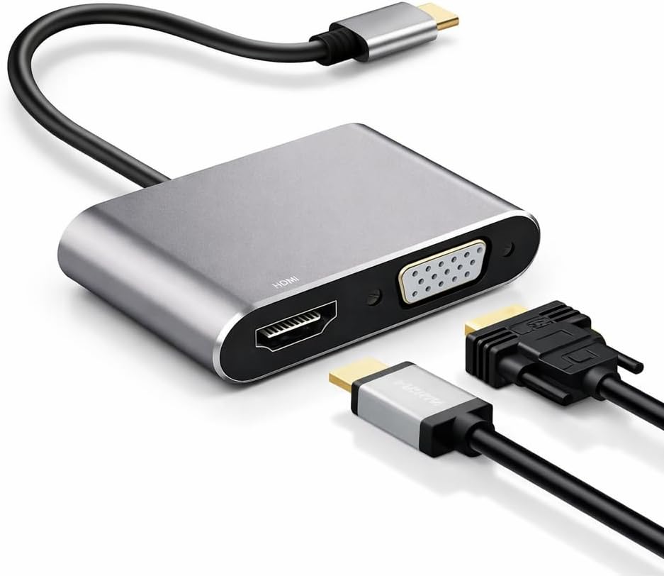USB-C Görüntü Dönüştürücü Adaptör 4K HDMI + VGA Çıkışlı Type-C to HDMI VGA Hub Laptop Tablet Telefon Ekran Yansıtma Monitör TV Projeksiyon Bağlantı Aparatı Plug & Play | NRT-22100