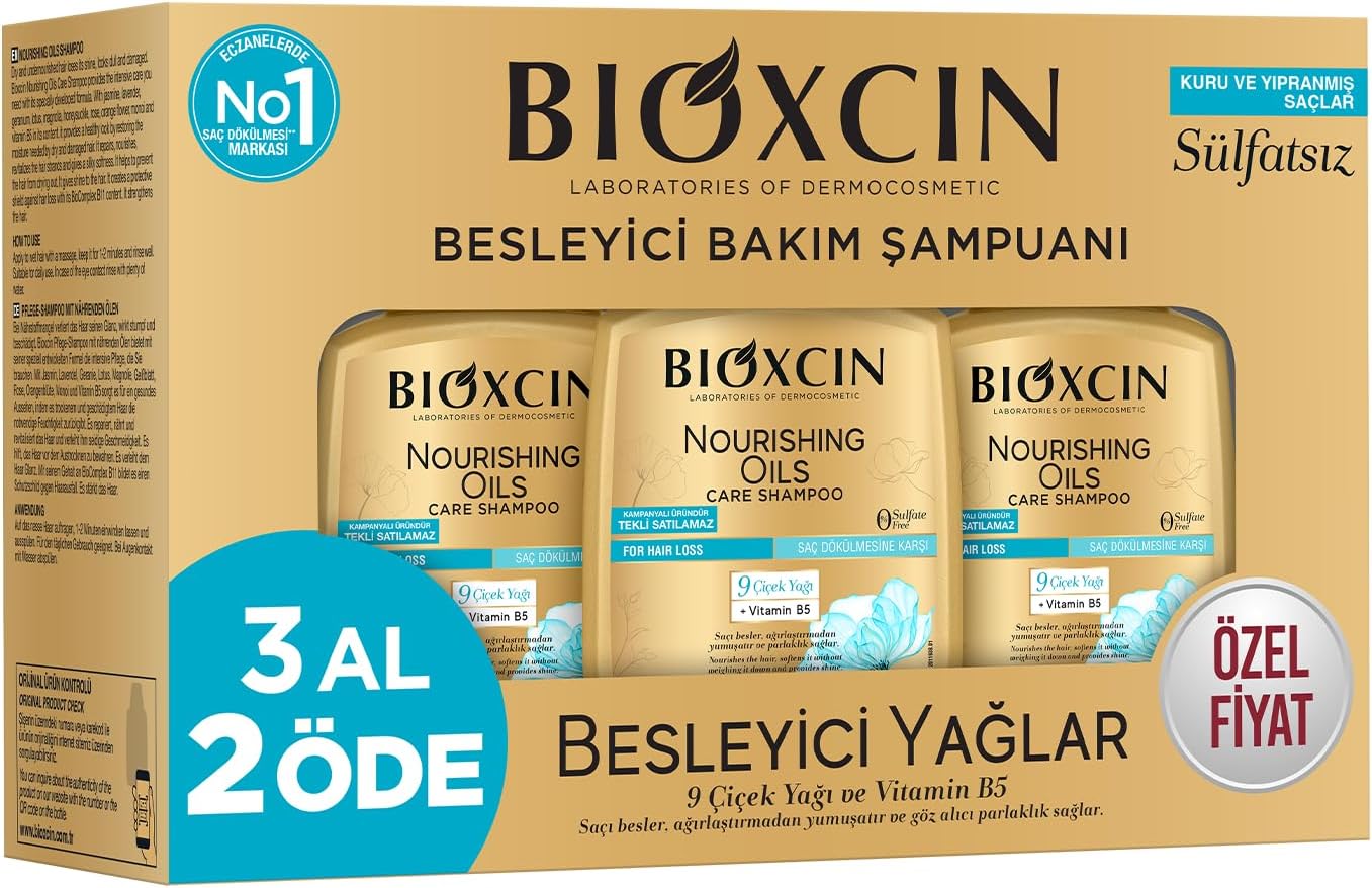 Besleyici Yağlar Şampuan 3 x 300 ml – Kuru ve Yıpranmış Saçlar İçin, 9 Çiçek Yağı, Pantenol ve BioComplex B11 İçerikli, Sülfatsız
