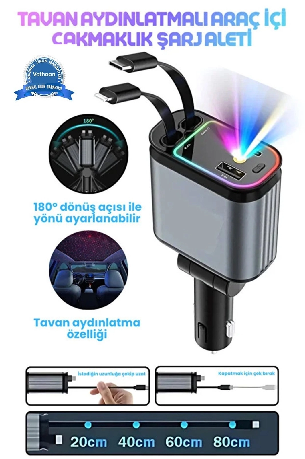 Led Işık Tavan Aydınlatmalı 66W 4’1 Çift Kablolu Hızlı Şarj 3.4A Araç İçi Çakmaklık Şarj Aleti