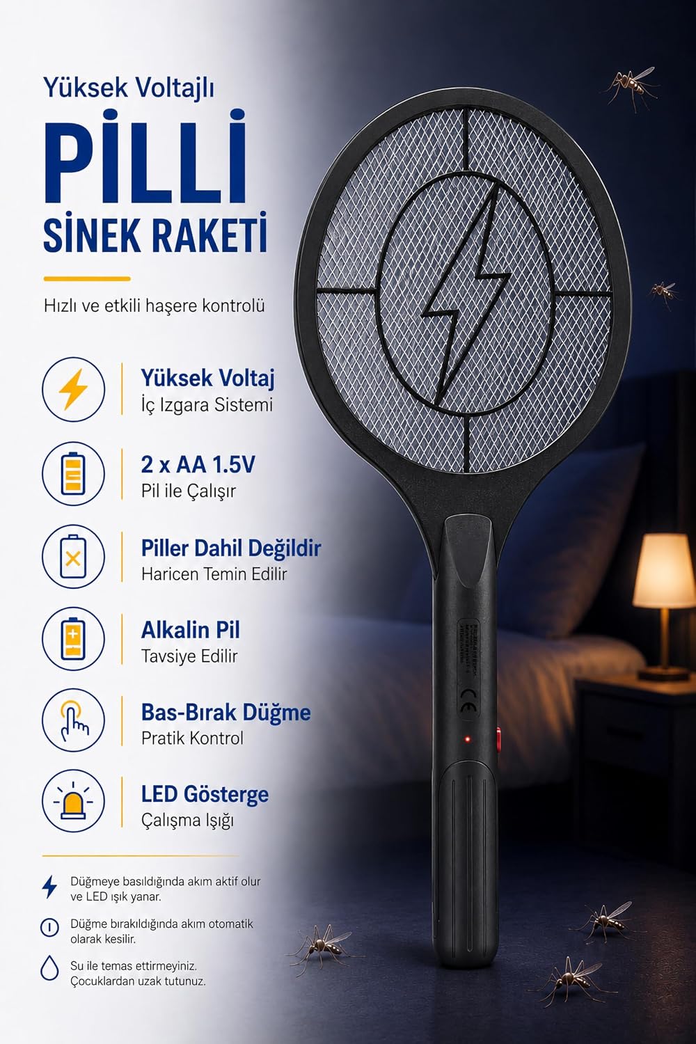 Pilli Sinek Raketi Sivrisinek Karasinek Haşere Öldürücü Sineklik Haşere Aleti Z007