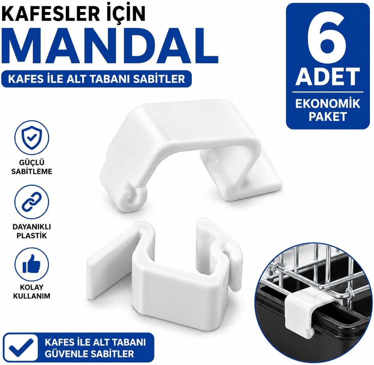 Kafes Sabitleme Mandalı 6’lı Paket – Metal Tel Kafesi Plastik Alt Tabanına Sabitleme Klipsi – Kuş ve Küçük Hayvan Kafesleri İçin Bağlantı Aparatı – Beyaz