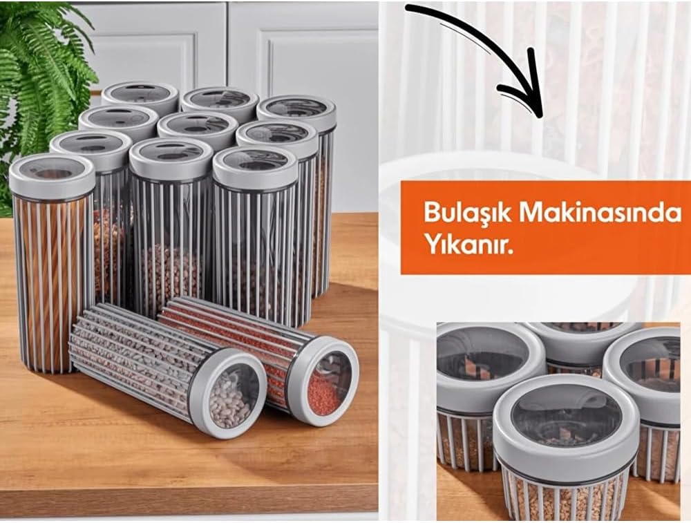 3'lü Çevir Aç Kapak Kavanoz Plastik Saklama Kabı Seti, Büyük, Orta, Küçük, 3 Boy (BEJ)