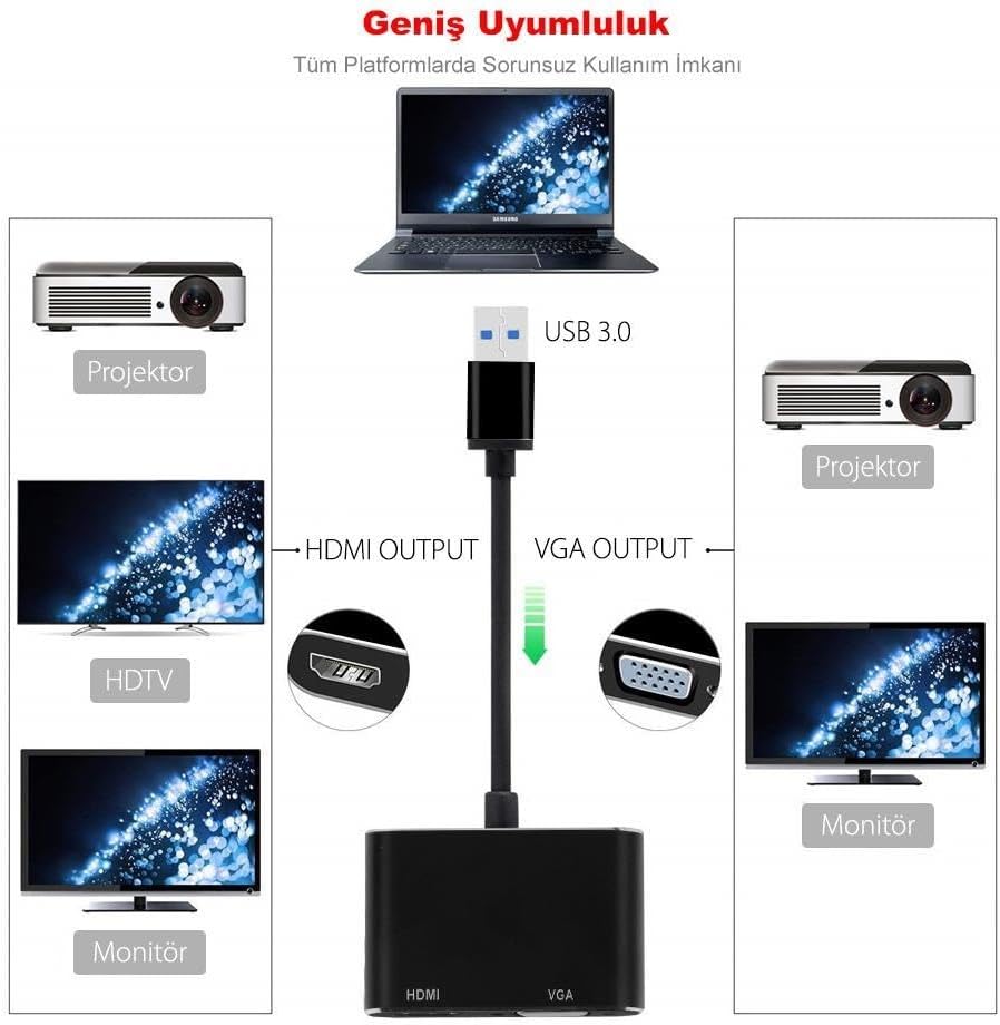 Usb 3.0 To Hdmi Vga 1080P Monitör Genişletici Çevirici Dönüştürücü Adaptör