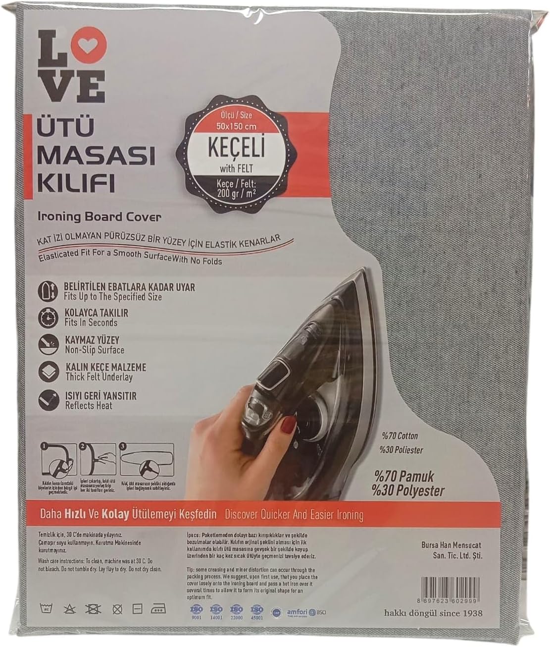 Keçeli Ütü Masası Kılıfı – Kalın Pamuklu ve Isıya Dayanıklı Ütü Masası Örtüsü – Kaymaz Lastikli Kolay Takılan Ütü Kılıfı – Buhar Geçirgen Dayanıklı Kumaş (1, Gri)