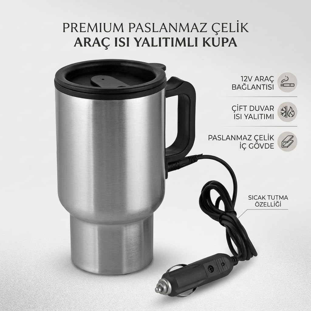 12V Paslanmaz Çelik Aktif Isı Korumalı Oto Sıcak İçecek Termosu