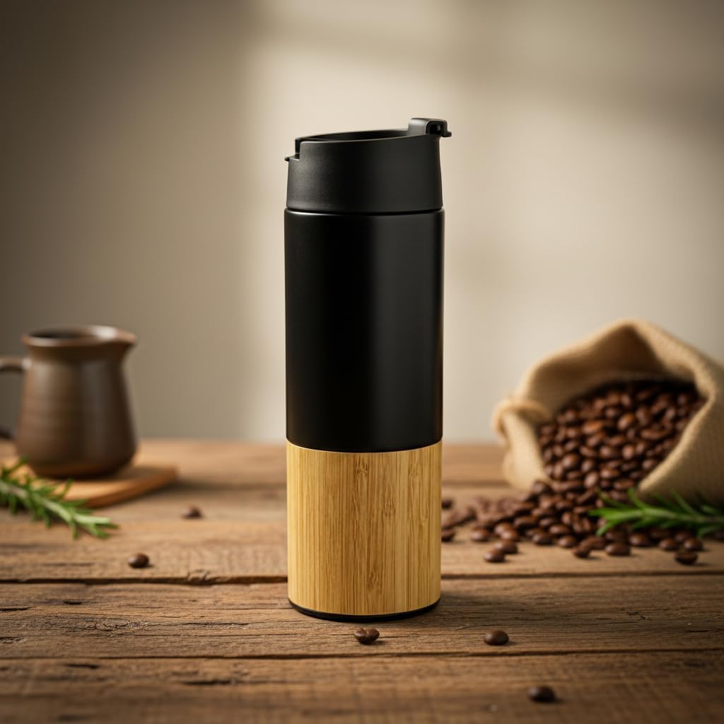 450 ml Bambu Kaplamalı Çelik Termos - Sıcak ve Soğuk Tutucu Sızdırmaz Mat Siyah Kahve Termosu
